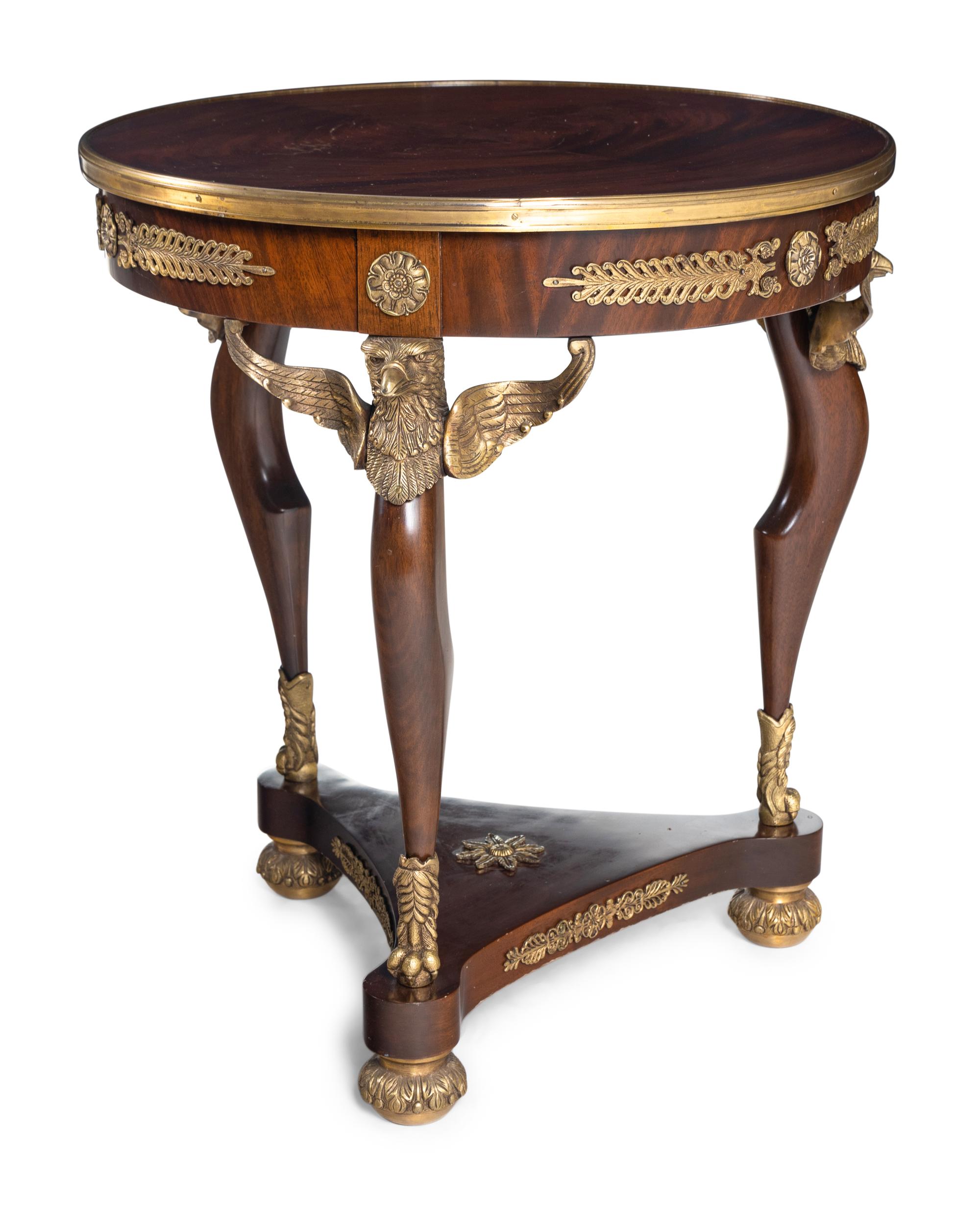 A Pair of Empire Style Gilt Bronze Mounted Mahogany Side Tables