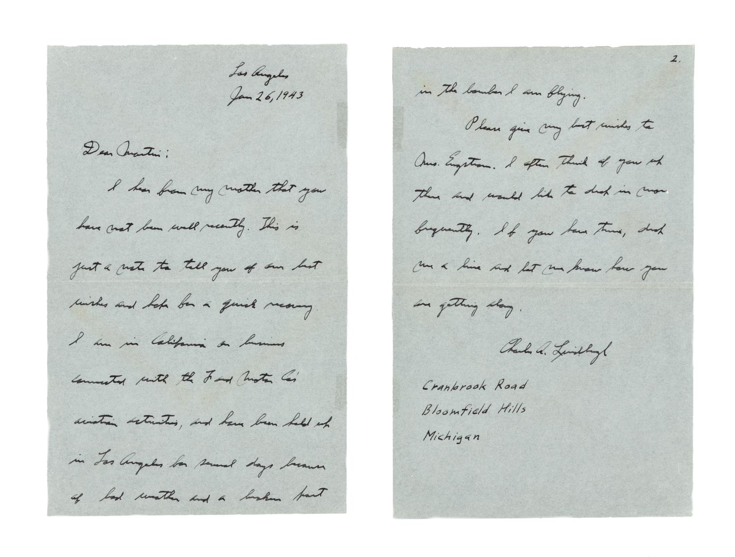 LINDBERGH, Charles (1902-1974). Autograph letter signed ("Charles A. Lindbergh"), to Martin. Los Angeles, 26 January 1943.