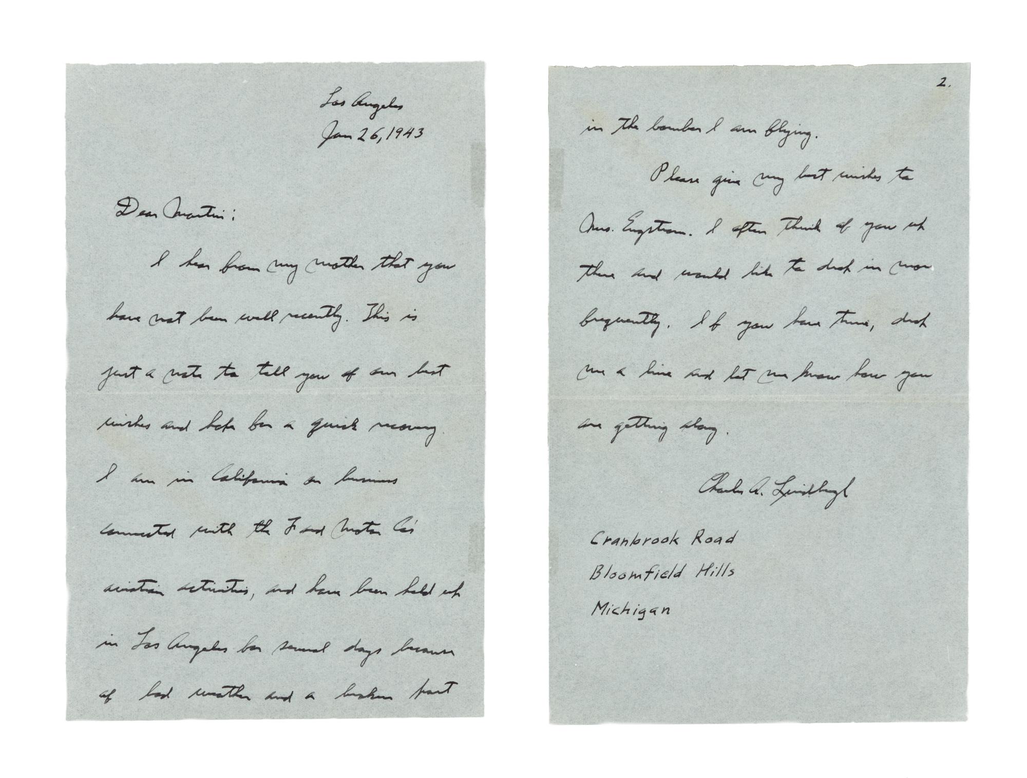 LINDBERGH, Charles (1902-1974). Autograph letter signed ("Charles A. Lindbergh"), to Martin. Los Angeles, 26 January 1943.