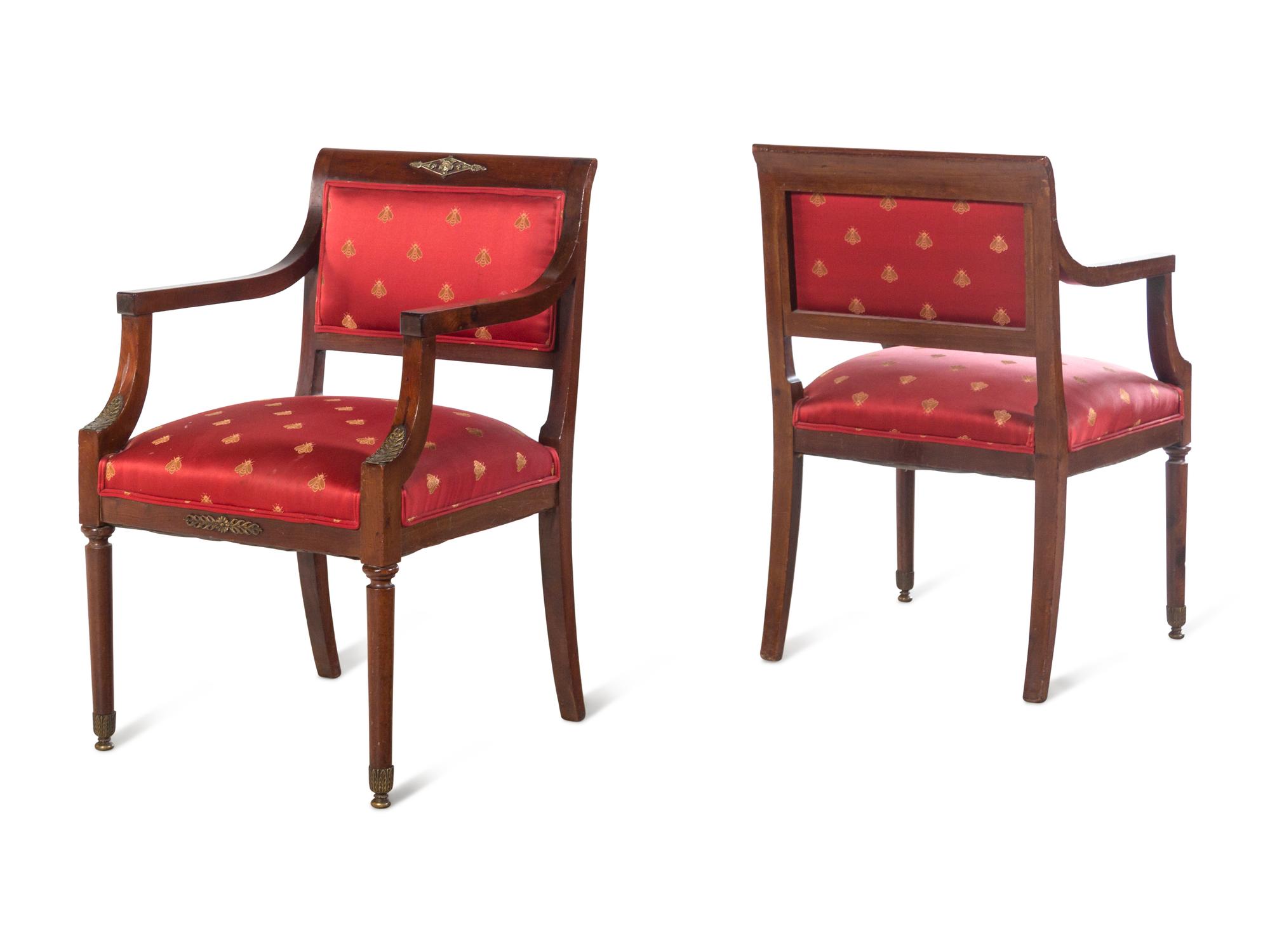 A Pair of Empire Style Gilt Metal Mounted Mahogany Armchairs