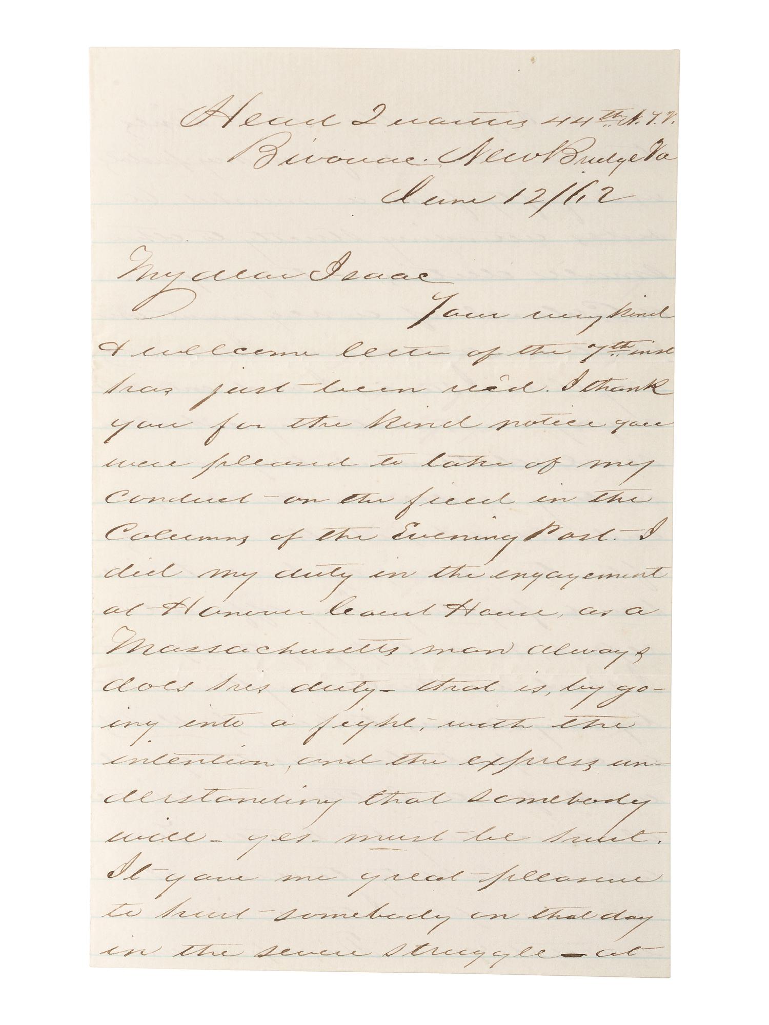 [CIVIL WAR]. General James C. Rice, KIA at Spotsylvania Court House. ALS describing the Battle of Hanover Court House. "Head Quarters 44th N.Y.V. Bivouac, New Bridge Va," 12 June 1862.