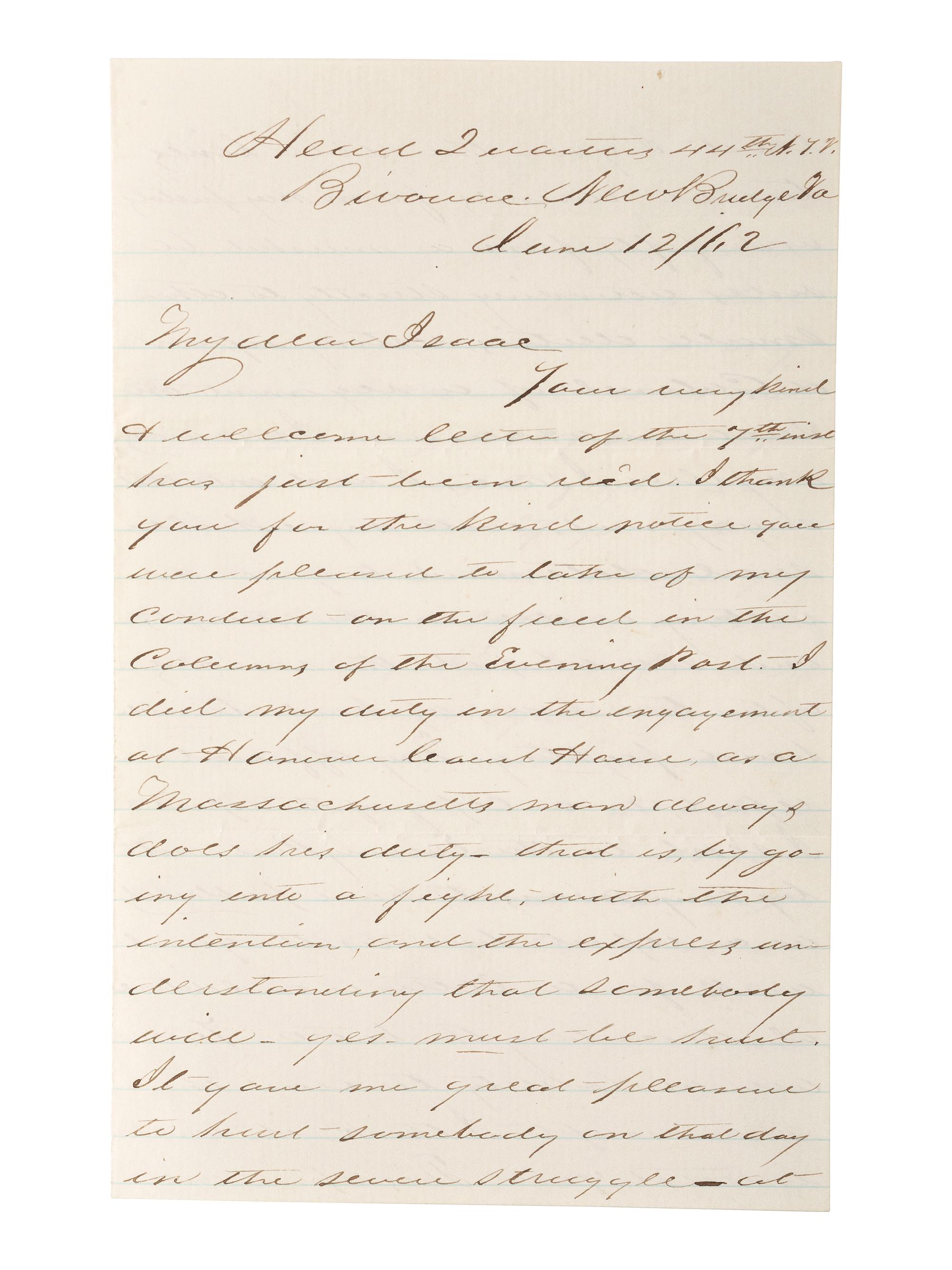 [CIVIL WAR]. General James C. Rice, KIA at Spotsylvania Court House. ALS describing the Battle of Hanover Court House. "Head Quarters 44th N.Y.V. Bivouac, New Bridge Va," 12 June 1862.