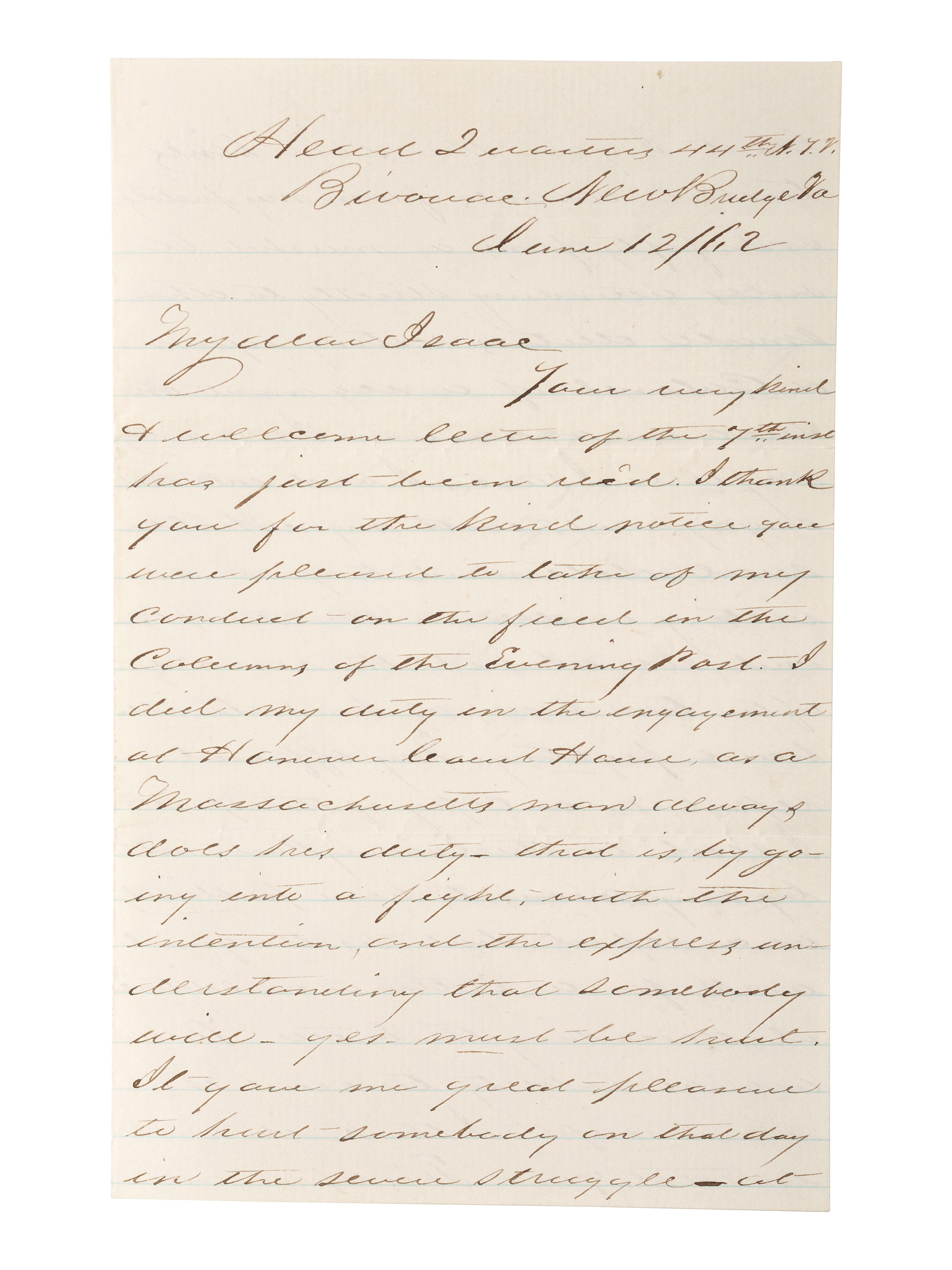 [CIVIL WAR]. General James C. Rice, KIA at Spotsylvania Court House. ALS describing the Battle of Hanover Court House. "Head Quarters 44th N.Y.V. Bivouac, New Bridge Va," 12 June 1862.