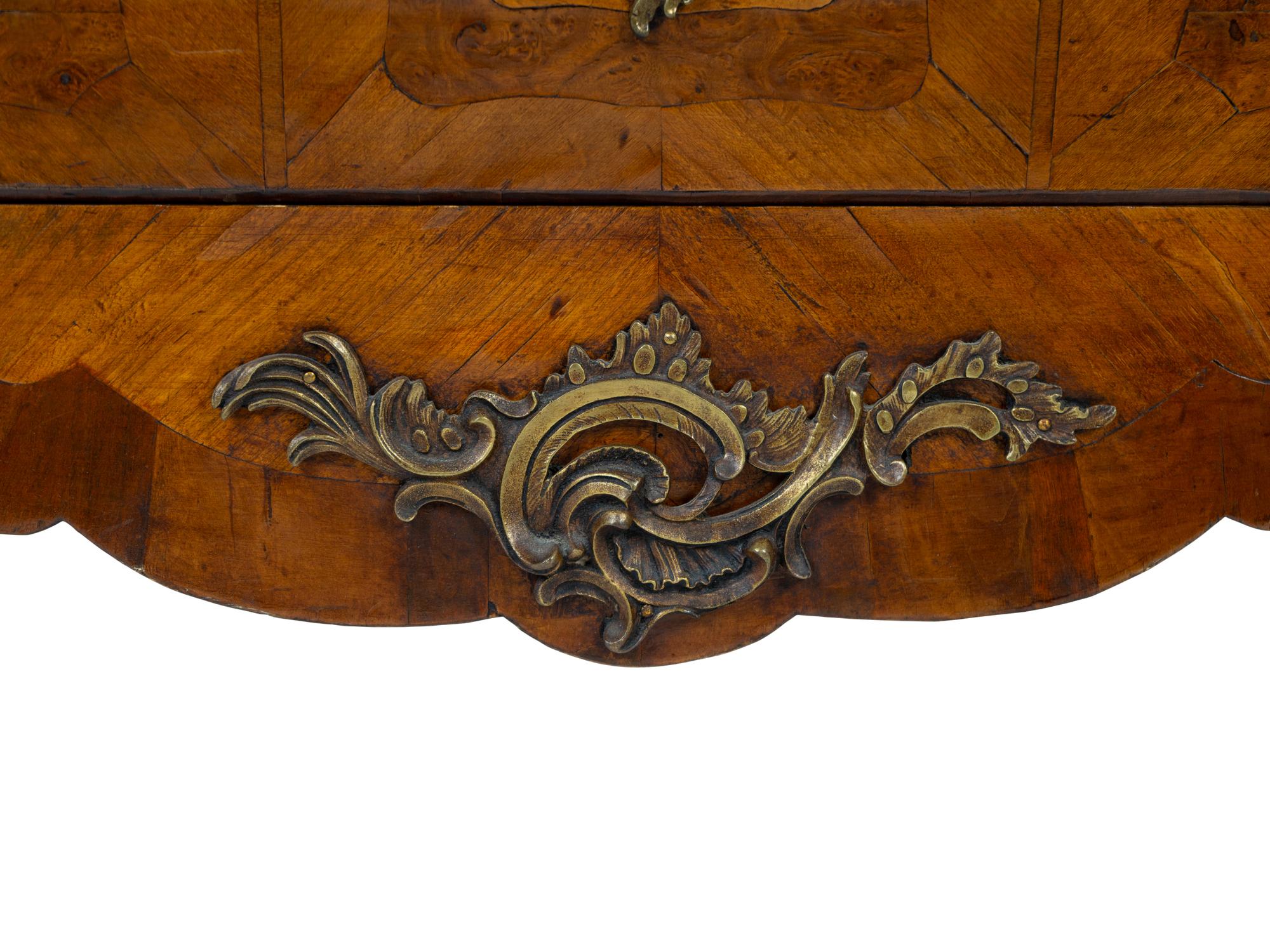 A Regence Style Gilt Bronze Mounted Marquetry Walnut Rouge Marble Top Commode en Tombeau — 19TH CENTURY