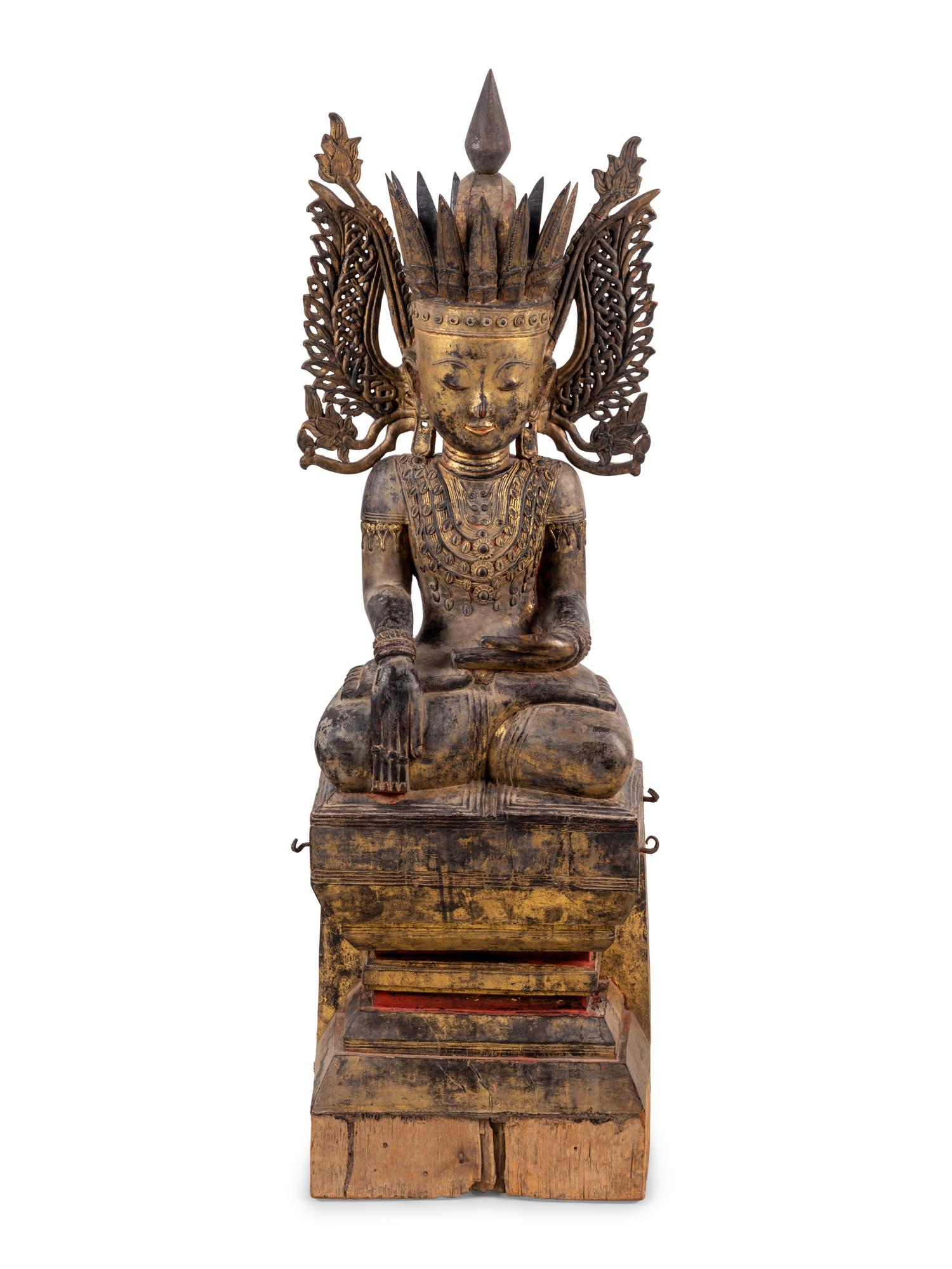 A Burmese Carved Wood Seated Buddha