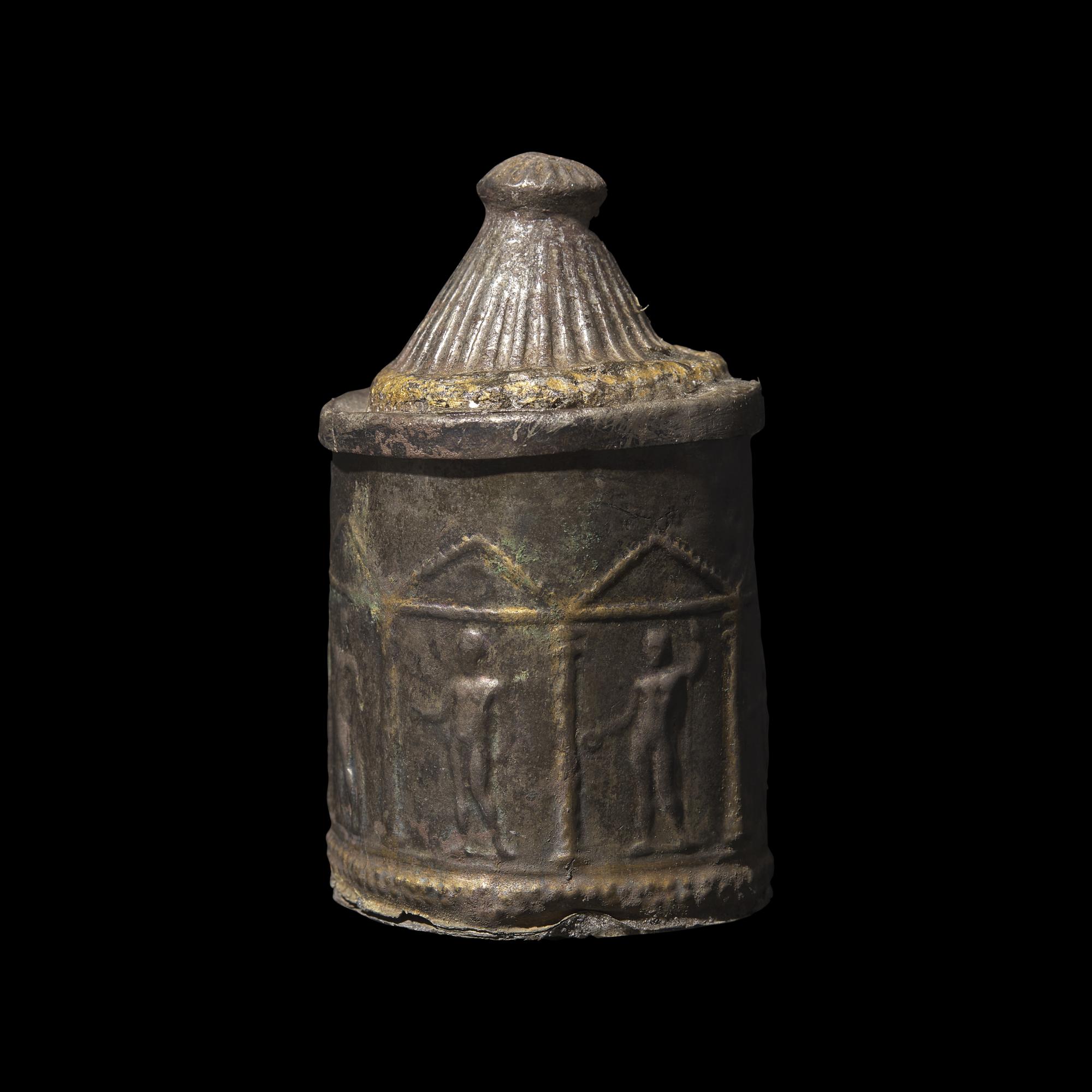 A Hellenistic Gilt-Silver Lidded Pyxis with Warriors