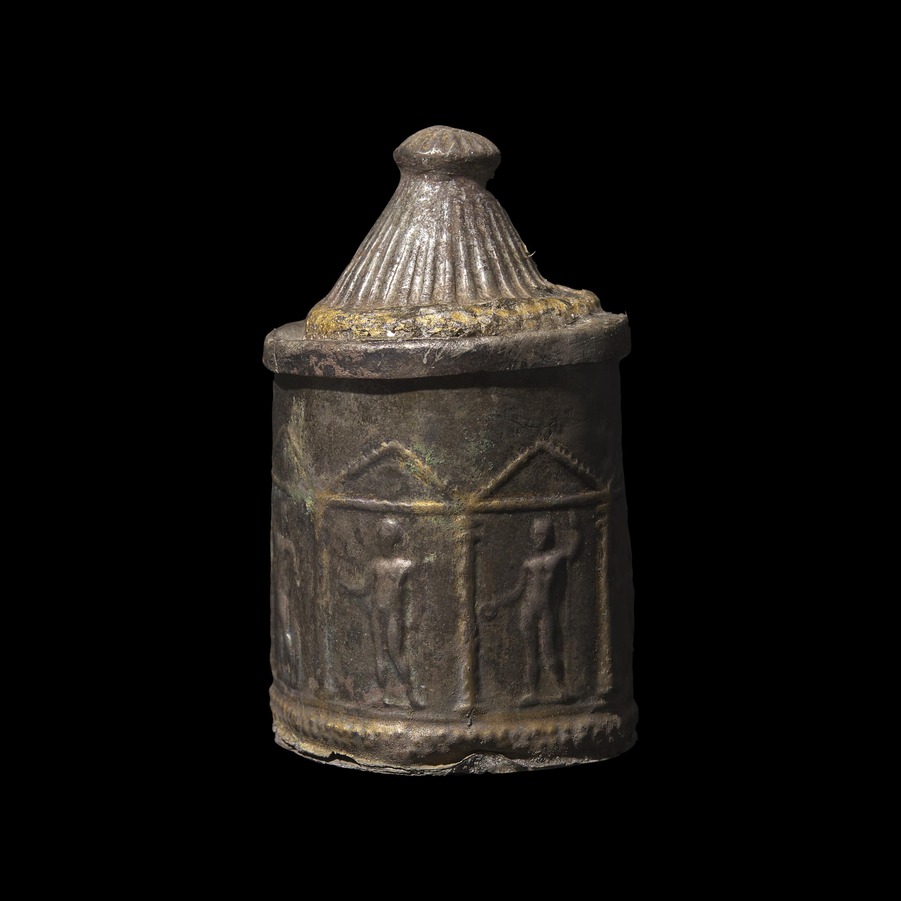 A Hellenistic Gilt-Silver Lidded Pyxis with Warriors