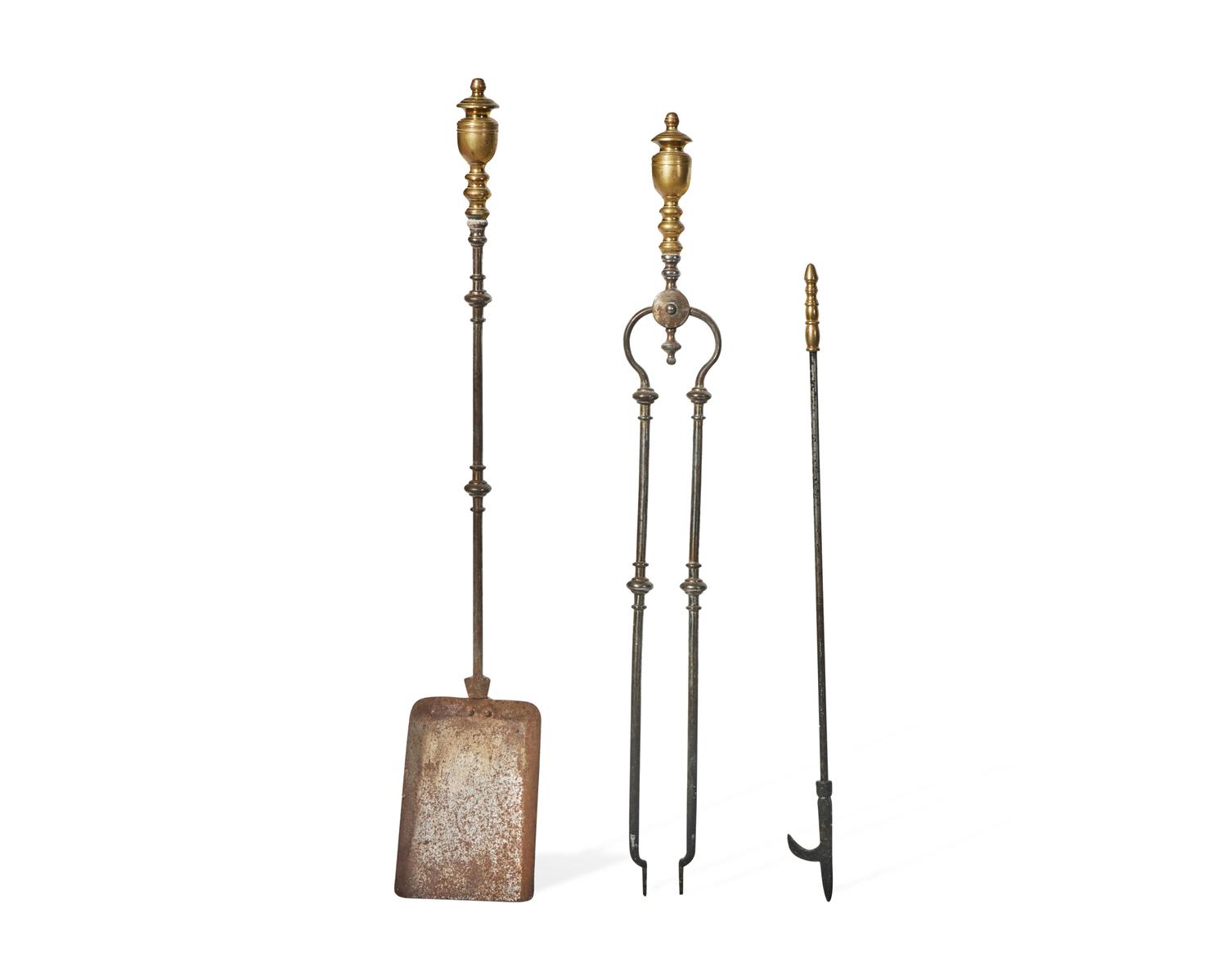 A Pair of Federal Brass Andirons Together with Three Fireplace Implements, Philadelphia, PA, Circa 1800