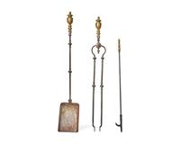 A Pair of Federal Brass Andirons Together with Three Fireplace Implements, Philadelphia, PA, Circa 1800