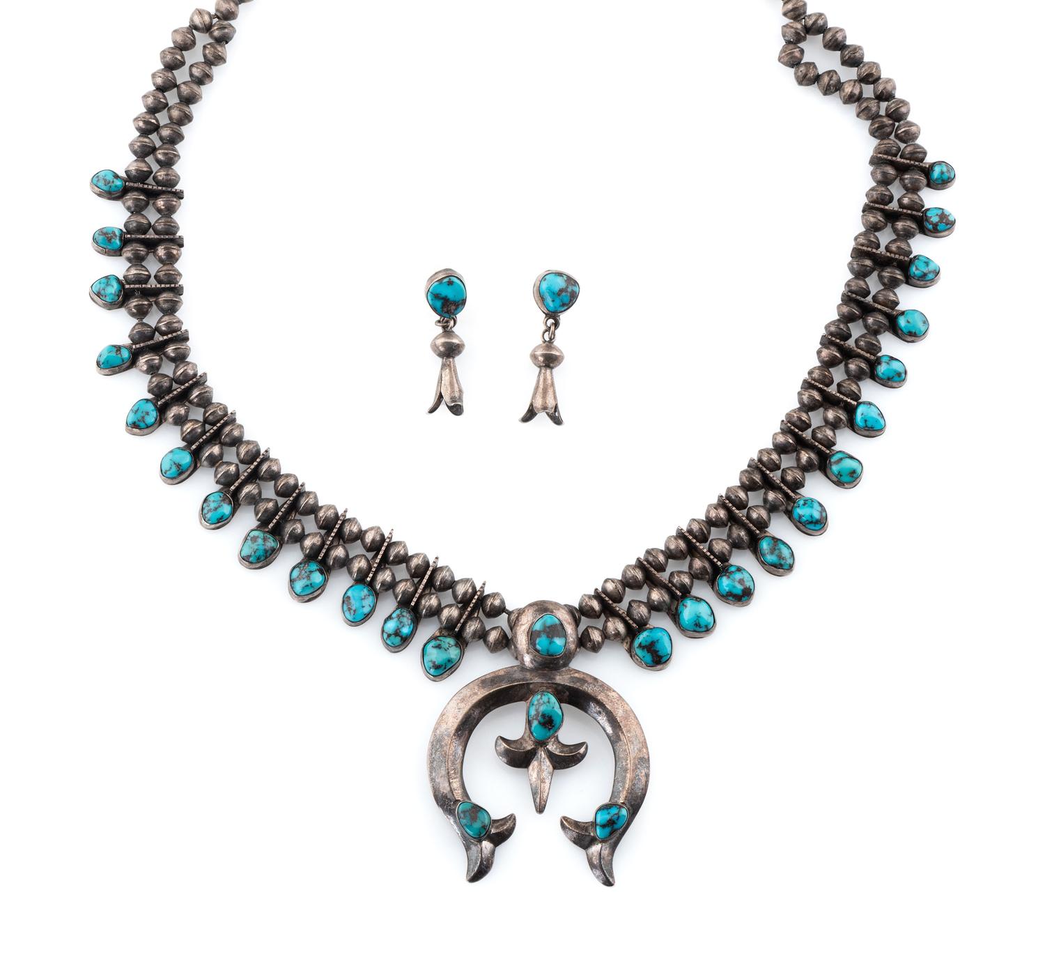 Navajo Silver and Turquoise Squash Blossom Necklace AND Earrings