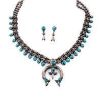Navajo Silver and Turquoise Squash Blossom Necklace AND Earrings