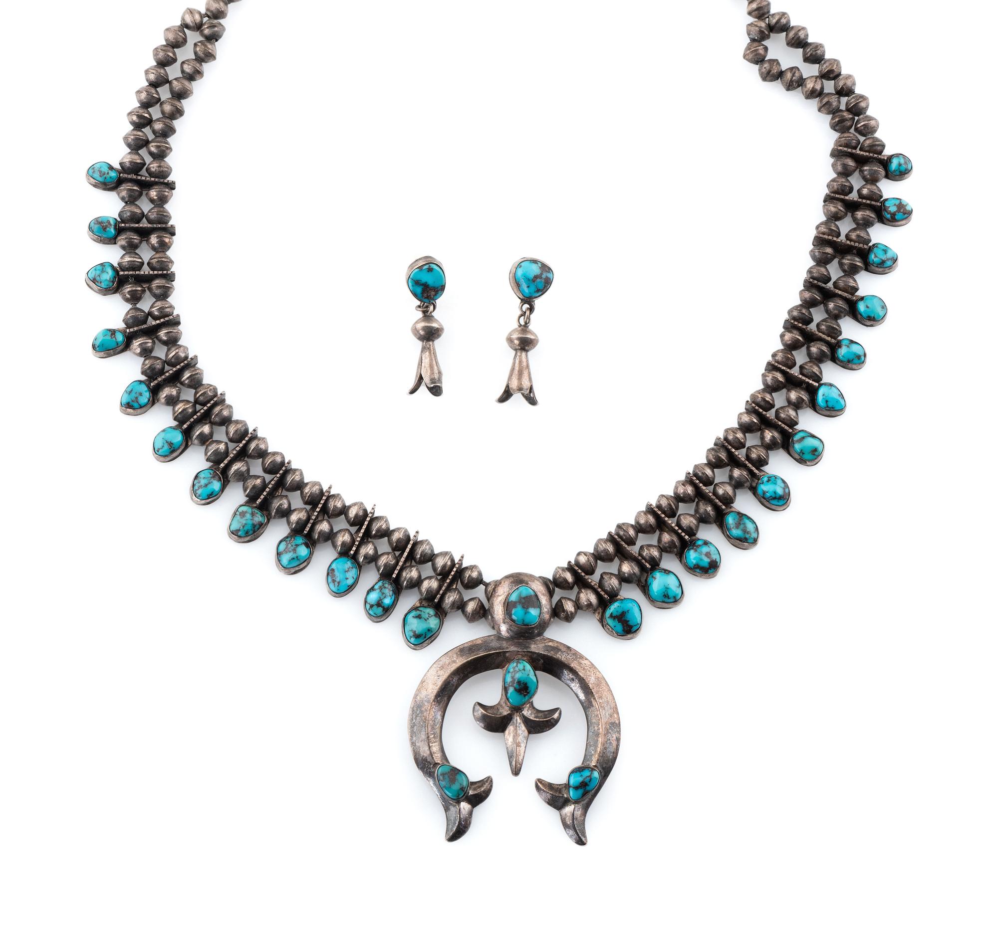 Navajo Silver and Turquoise Squash Blossom Necklace AND Earrings