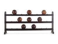 An American Painted Wood Bowling Ball Rack and Balls