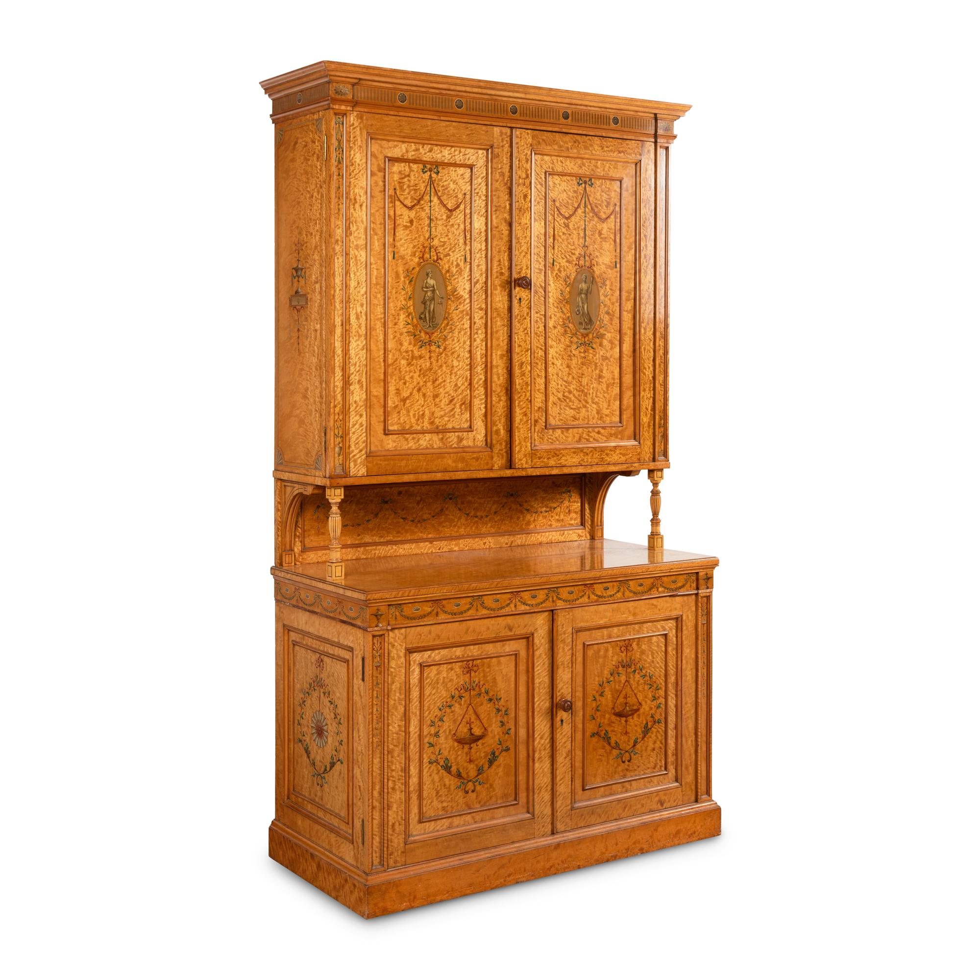 A Fine Edwardian Satinwood and Polychrome Painted Two-Part Serving Cabinet