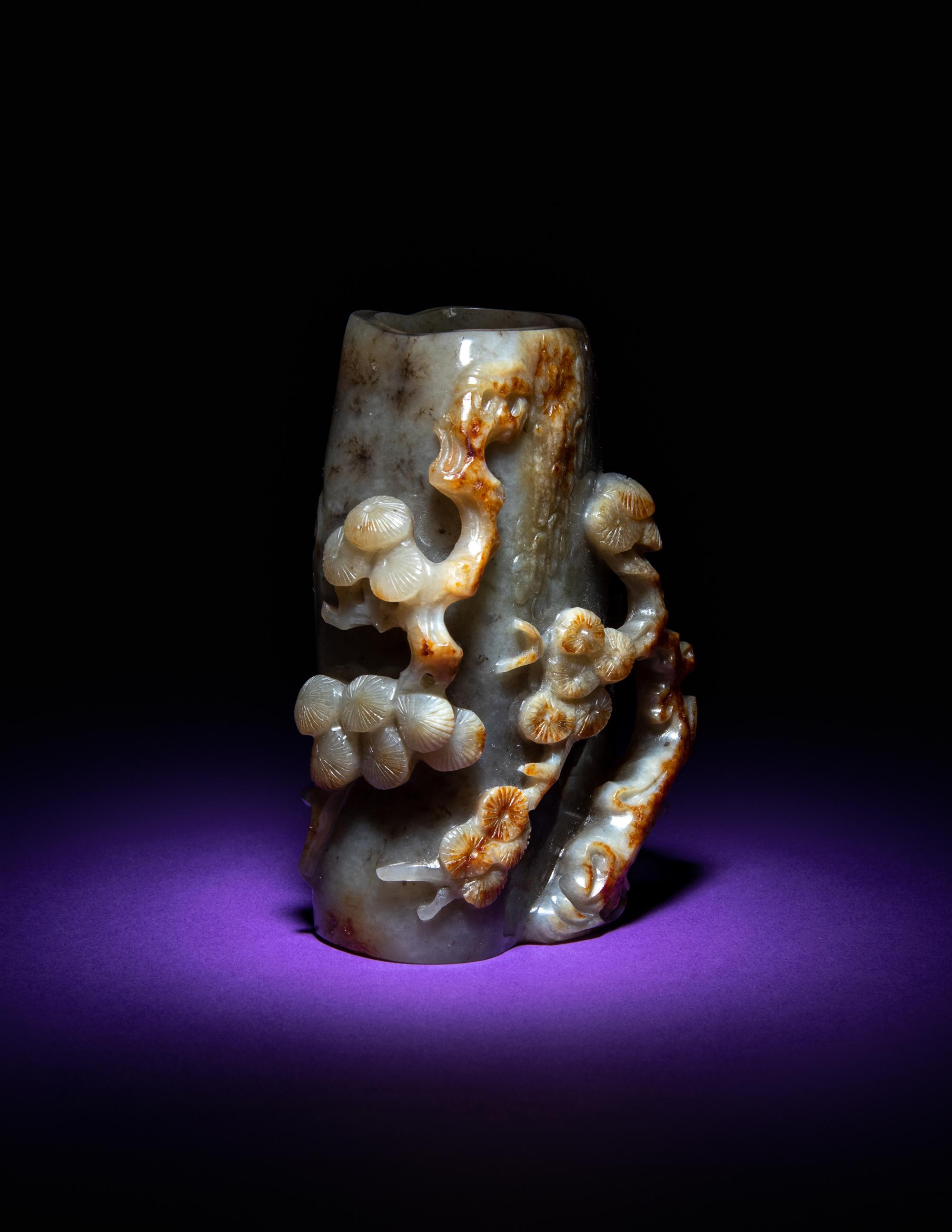A Chinese Grey Jade Tree Trunk Form Brushpot, Bitong