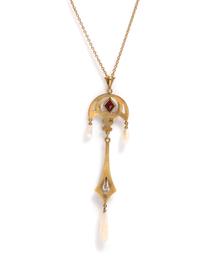 GARLAND FISHER CO., ART NOUVEAU, YELLOW GOLD, GARNET AND PEARL PENDANT/NECKLACE