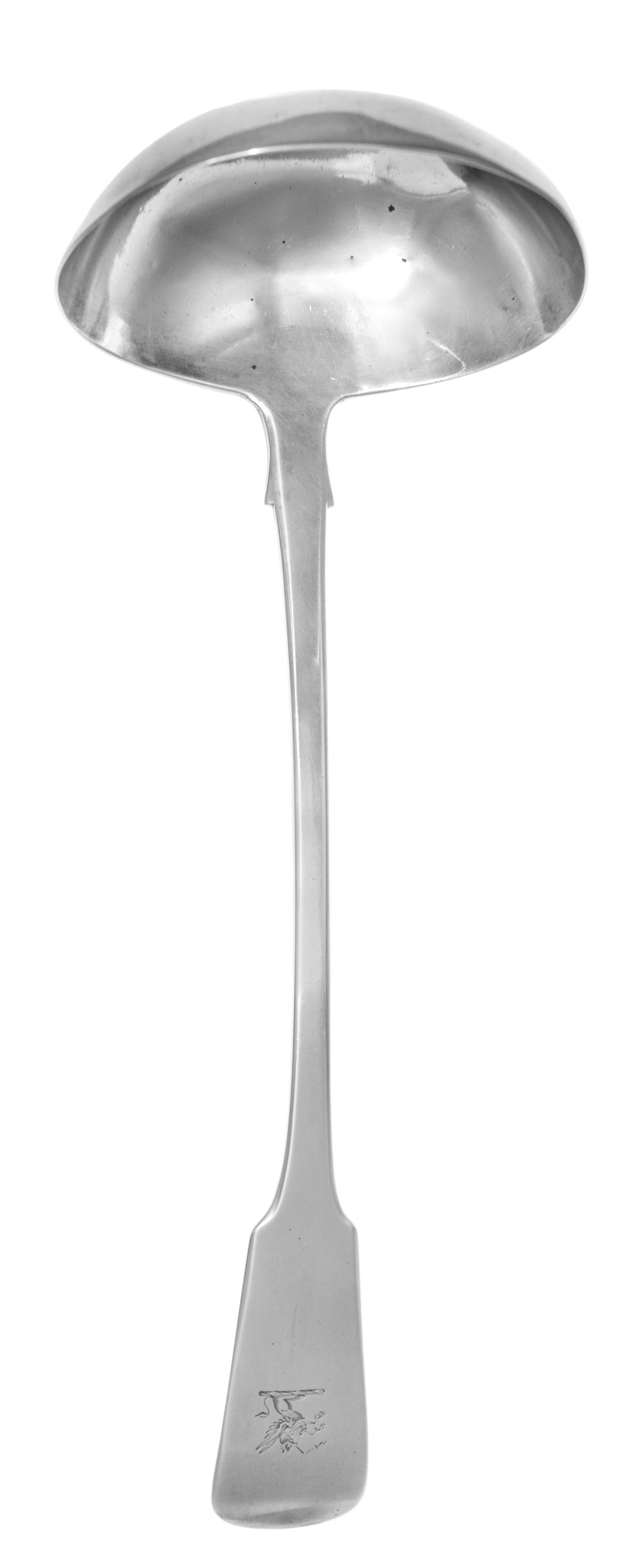 A George IV Irish Silver Ladle, Maker's Mark MW & SS, Dublin, 1825, having a fiddle form handle engraved with a rampant griffin crest.