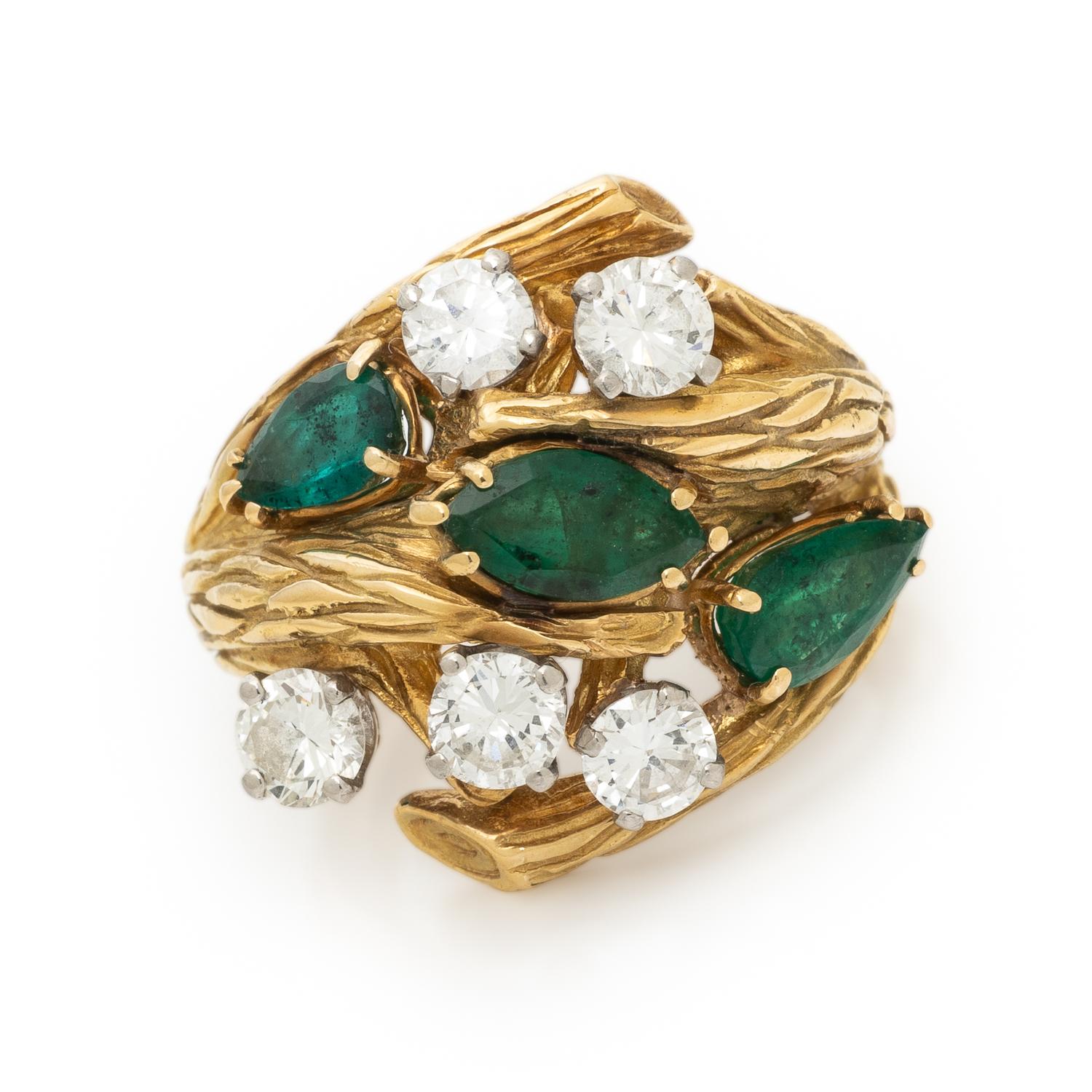 EMERALD, DIAMOND, AND YELLOW GOLD RING