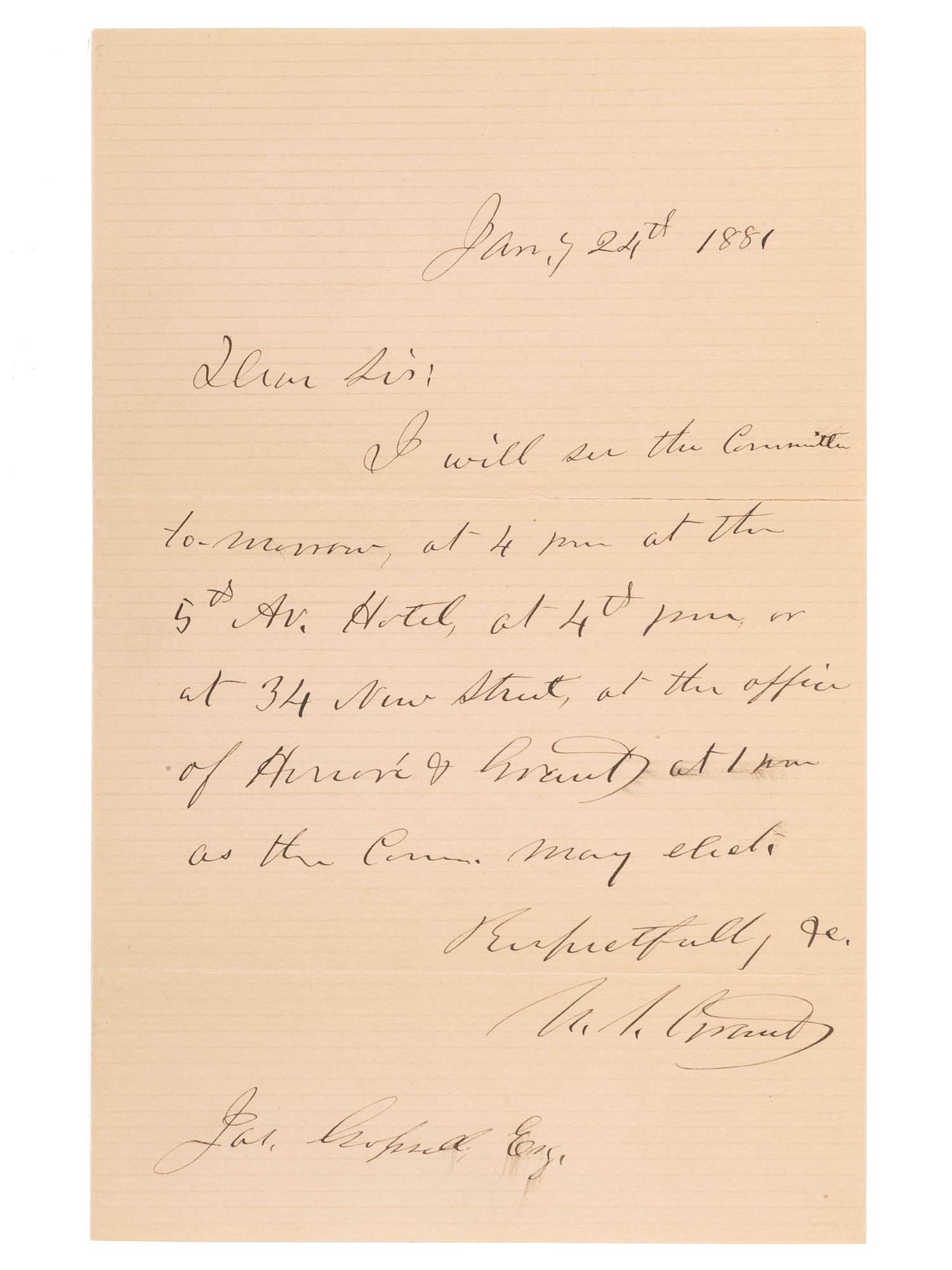 GRANT, Ulysses S. (1822-1885). Autograph letter signed ("U.S. Grant"), to James Gopsill (1823-1884). N.p., 24 January 1881.