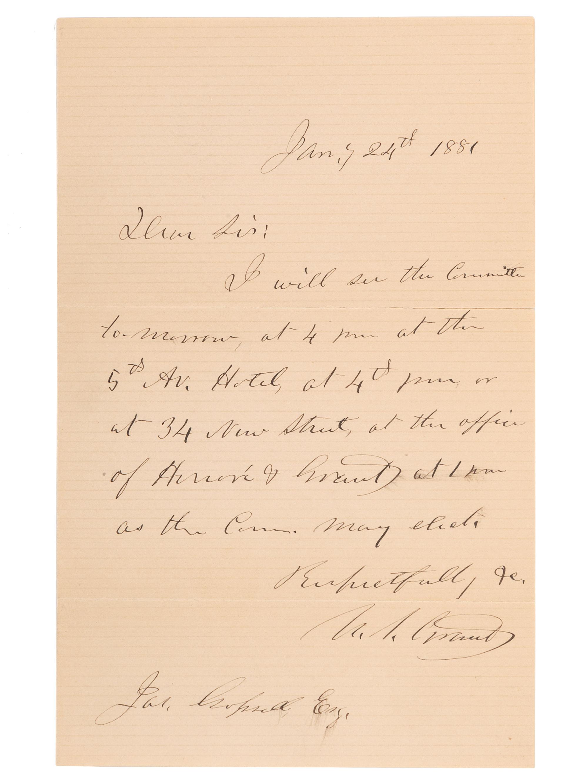 GRANT, Ulysses S. (1822-1885). Autograph letter signed ("U.S. Grant"), to James Gopsill (1823-1884). N.p., 24 January 1881.