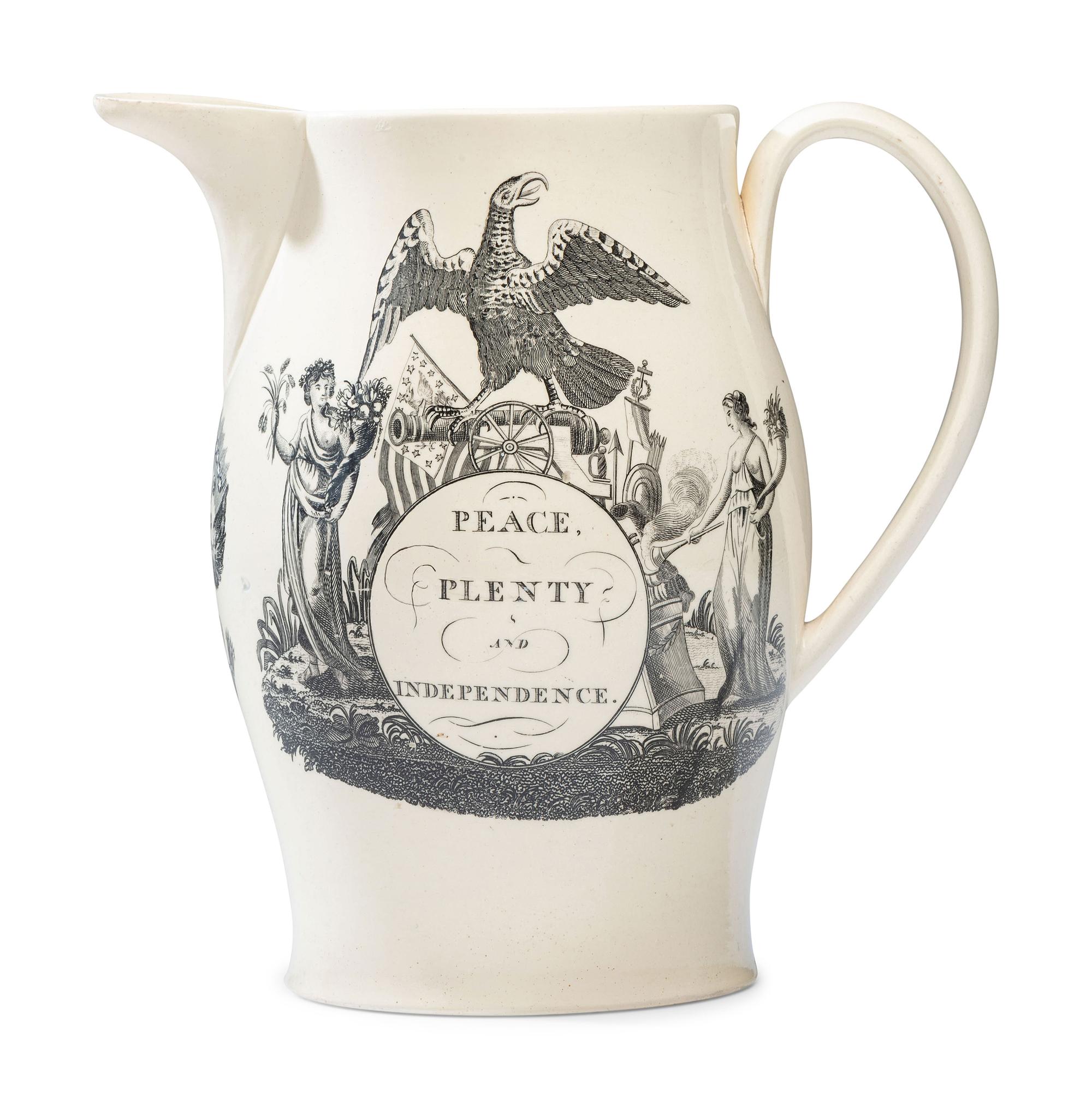 A Liverpool Transfer-Printed Creamware 'Peace, Plenty, and Independence' Pitcher