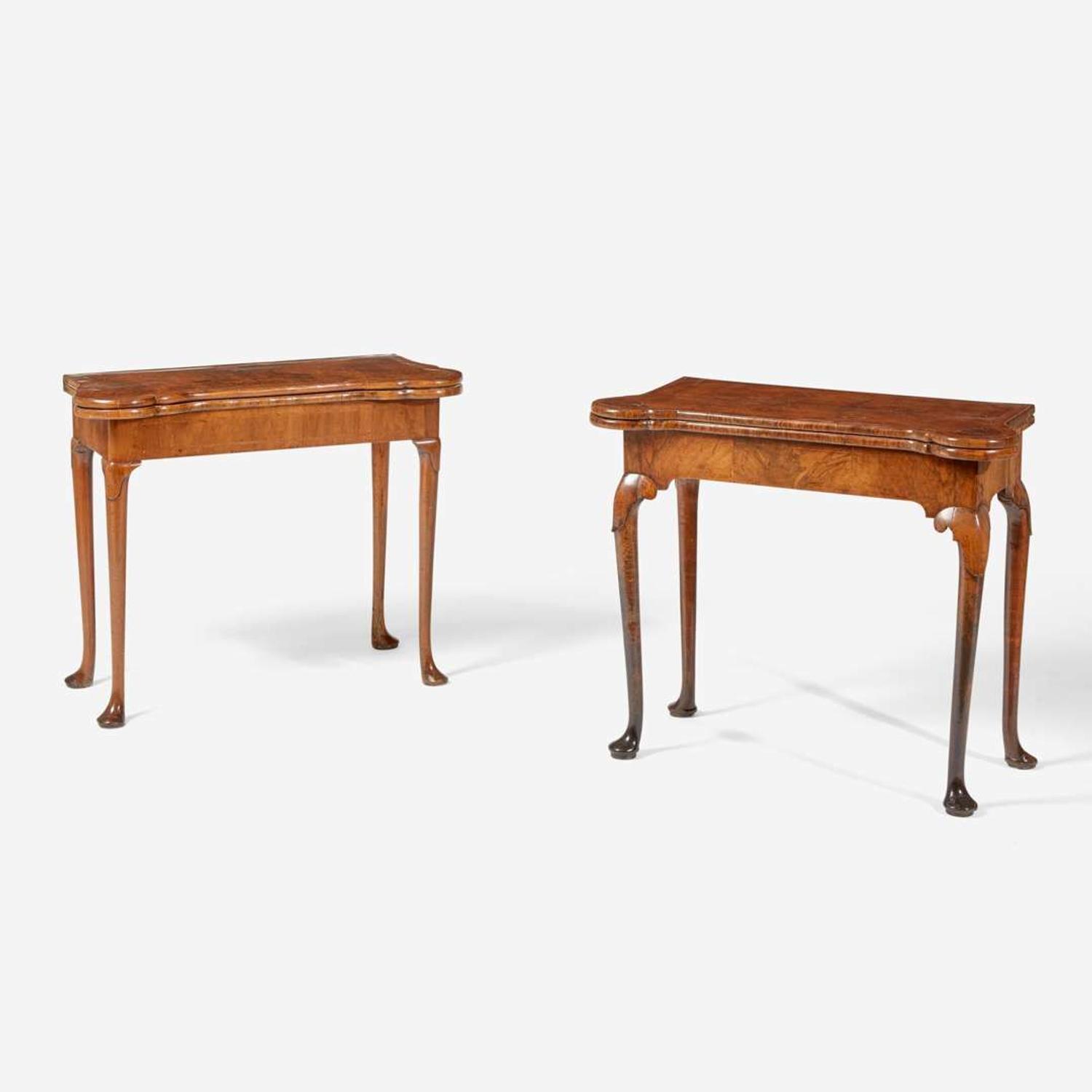 Two Queen Anne inlaid and burl walnut veneered card tables circa 1710