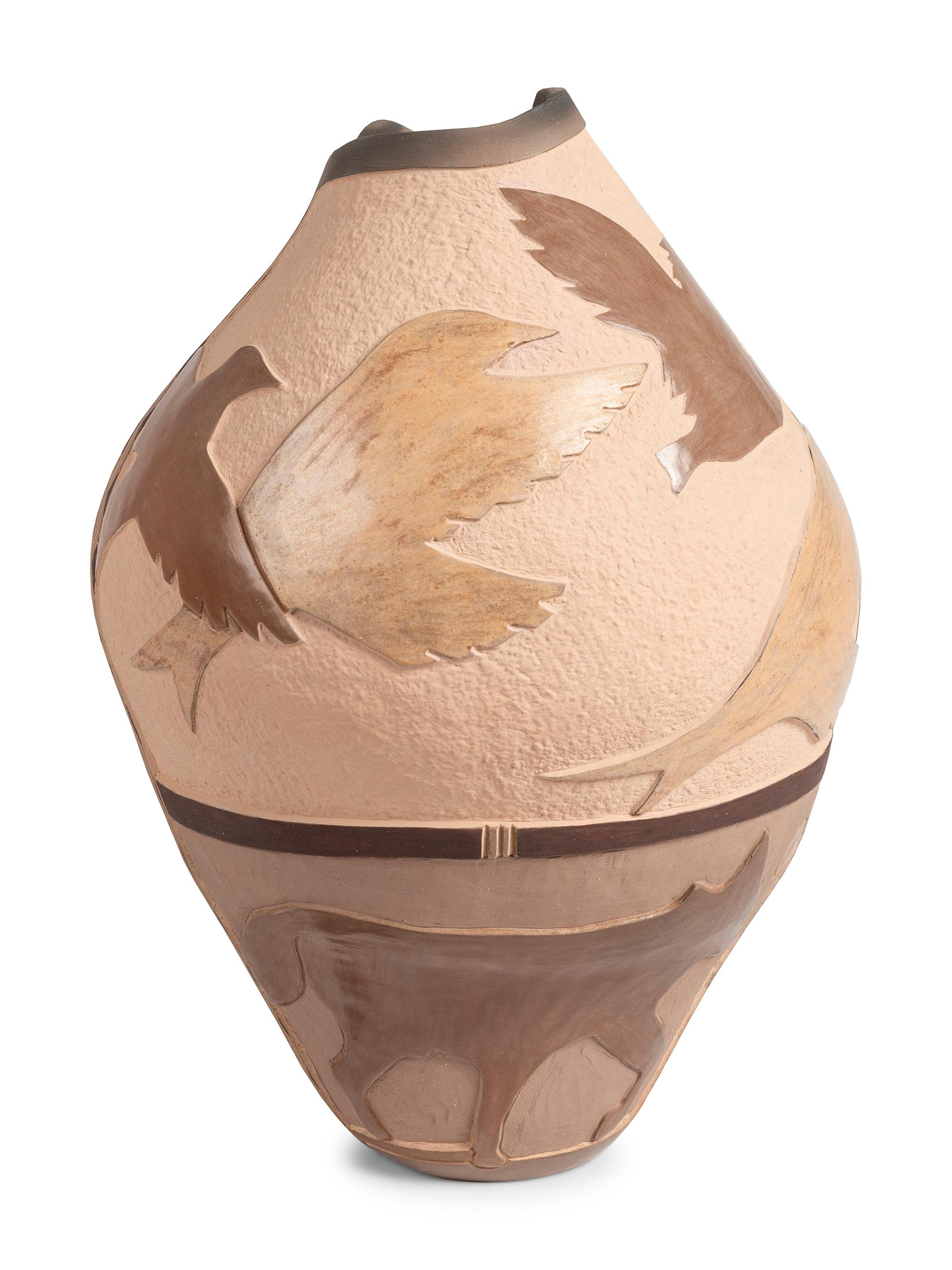 Carved Pottery Jar, with Birds and Butterflies