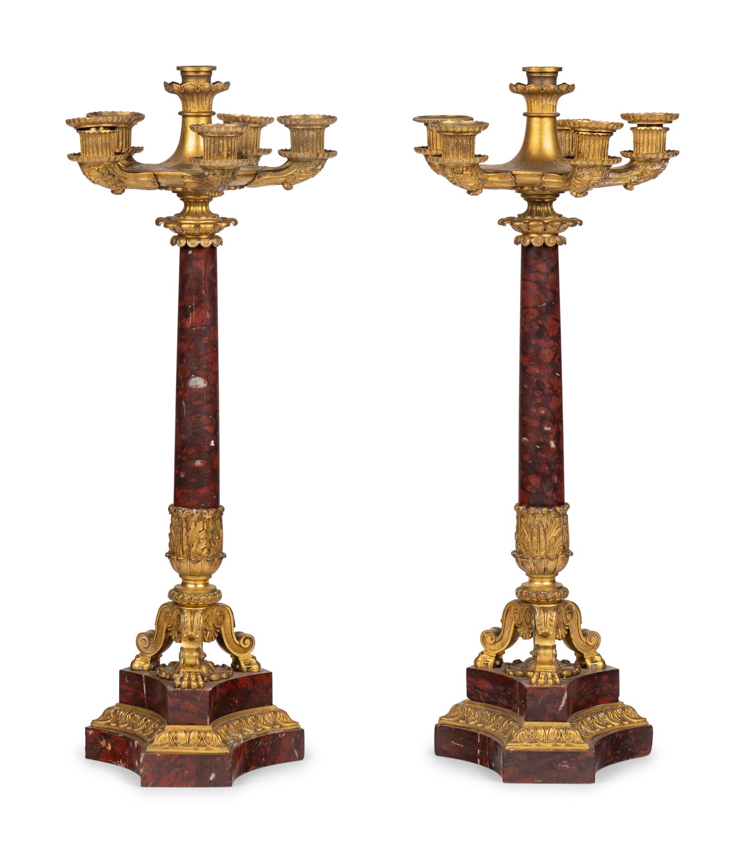 A Pair of Regency Gilt Bronze and Red Marble Five-Light Candelabra