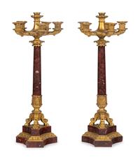 A Pair of Regency Gilt Bronze and Red Marble Five-Light Candelabra