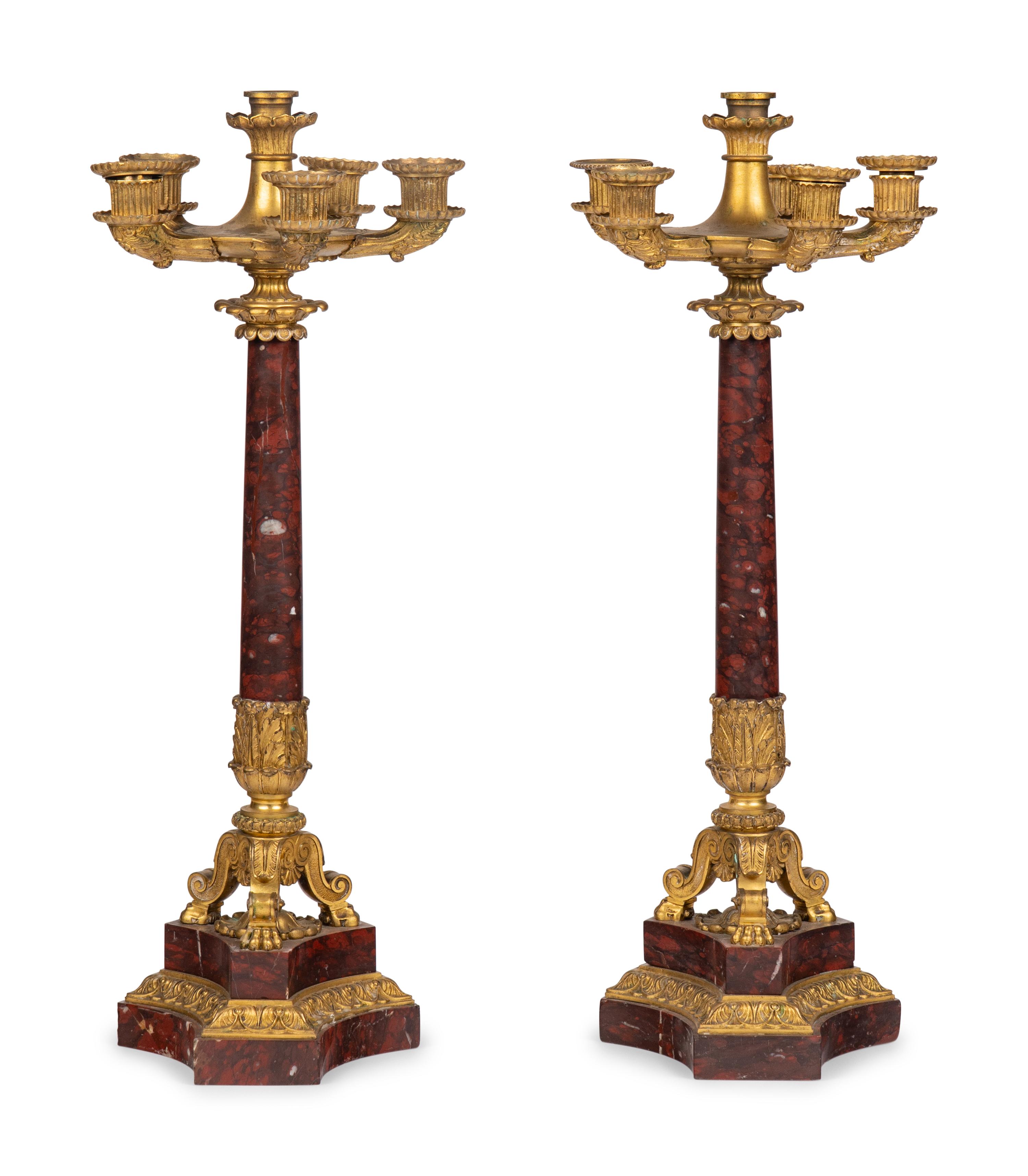 A Pair of Regency Gilt Bronze and Red Marble Five-Light Candelabra