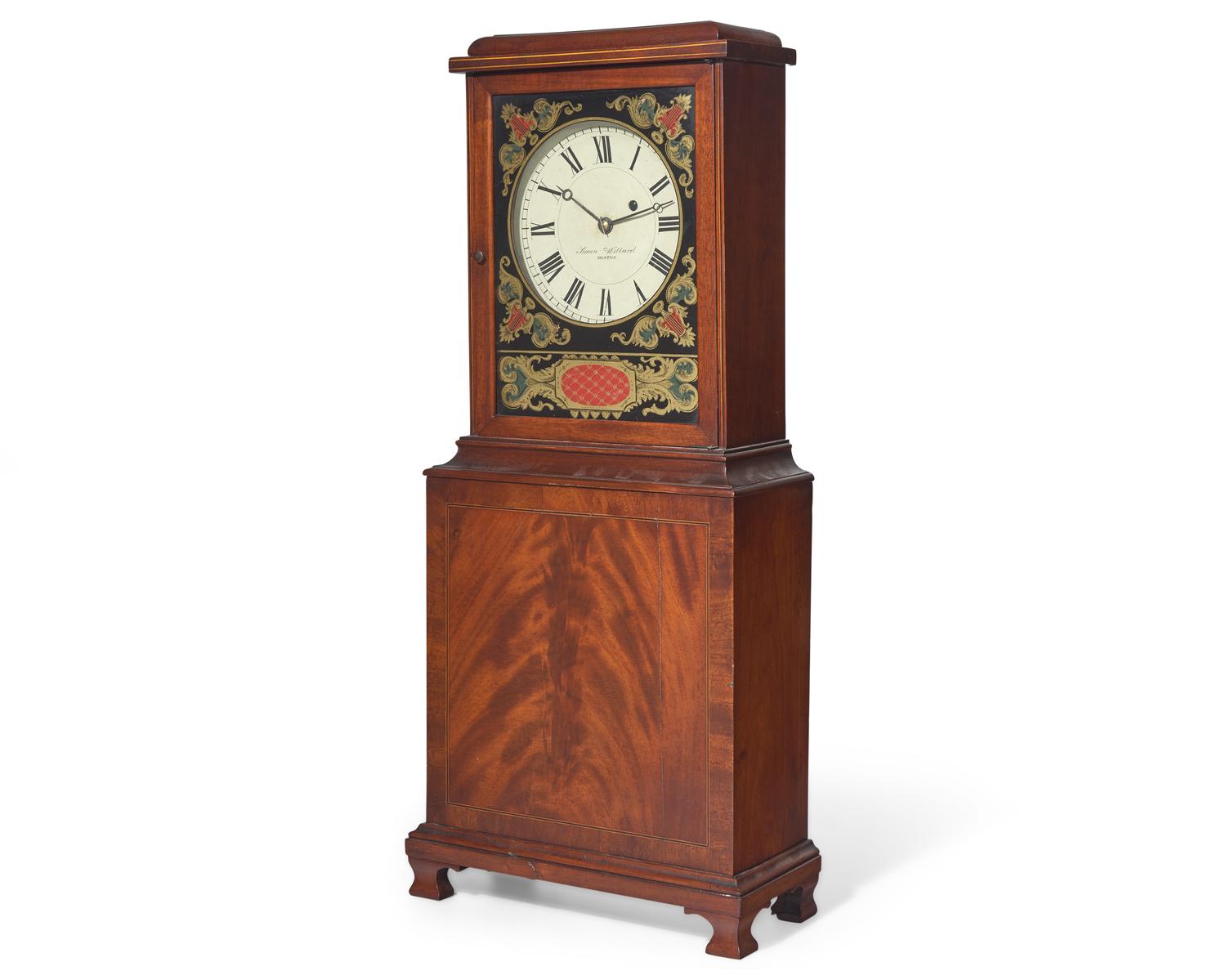 A Federal Inlaid Mahogany And Eglomise Shelf Clock