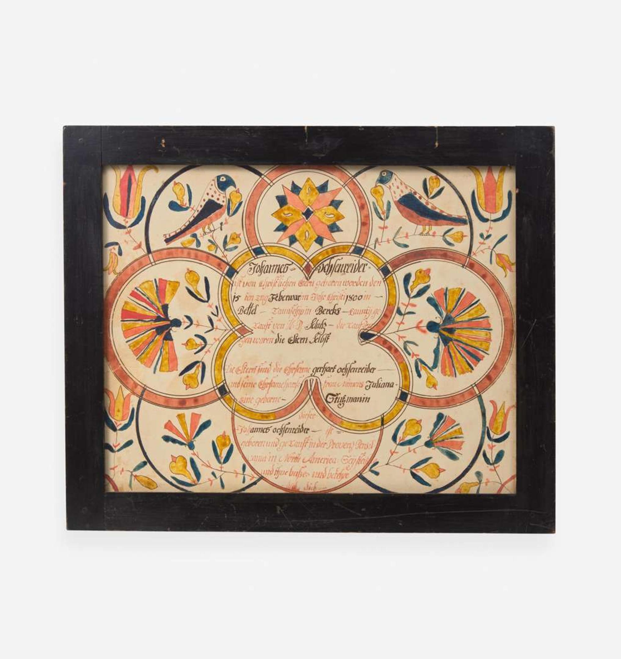 Conrad Trevitz (1751-1830), Berks County, PA A Fraktur birth and baptism record for Johannes Ochsenreider (1800-1869)