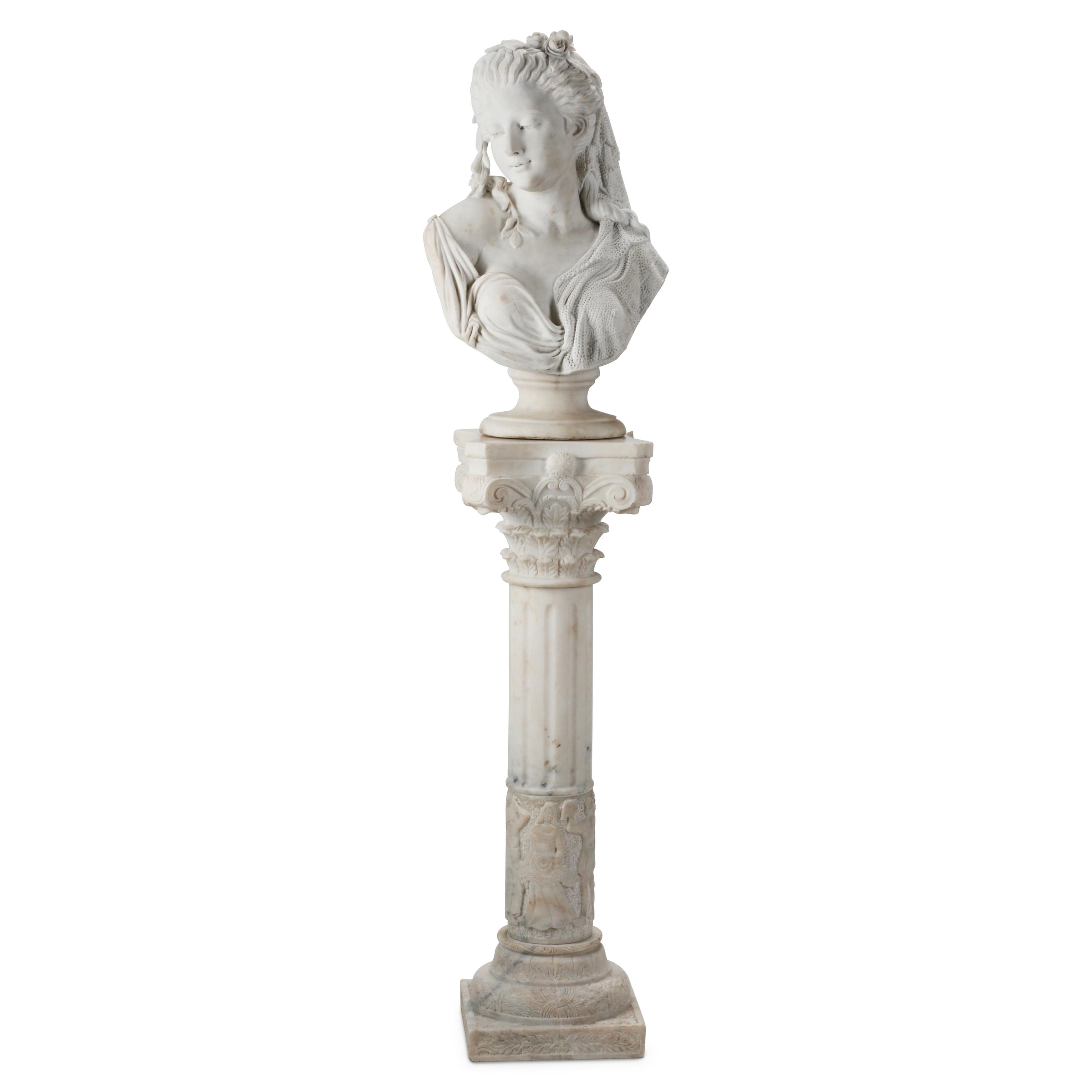 An Italian Carved Marble Bust of a Woman on an Associated Pedestal
