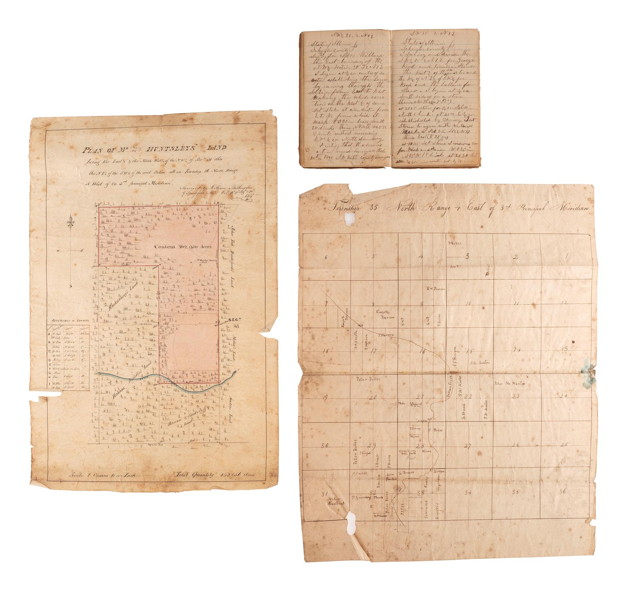 [MAPS & ATLASES]. Surveyor's ledger. Schuyler County, IL, 1867-1868. [ With :] Four 19th-century land plats.