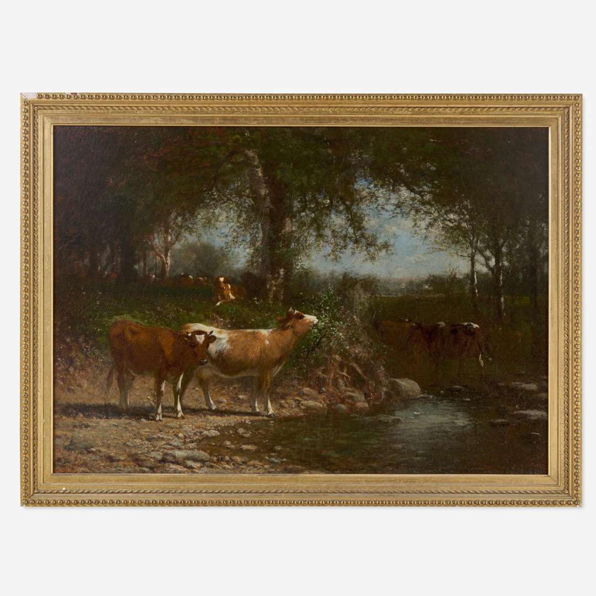 James M. Hart (American, 1828-1901) Cows Drinking by a Stream