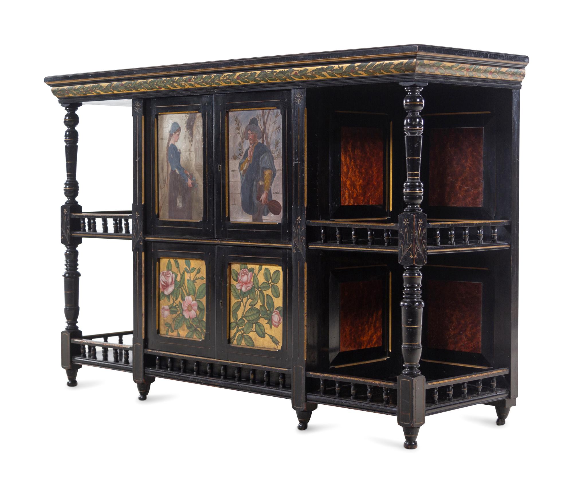 An English Aesthetic Movement Ebonized and Hand-Painted Cabinet