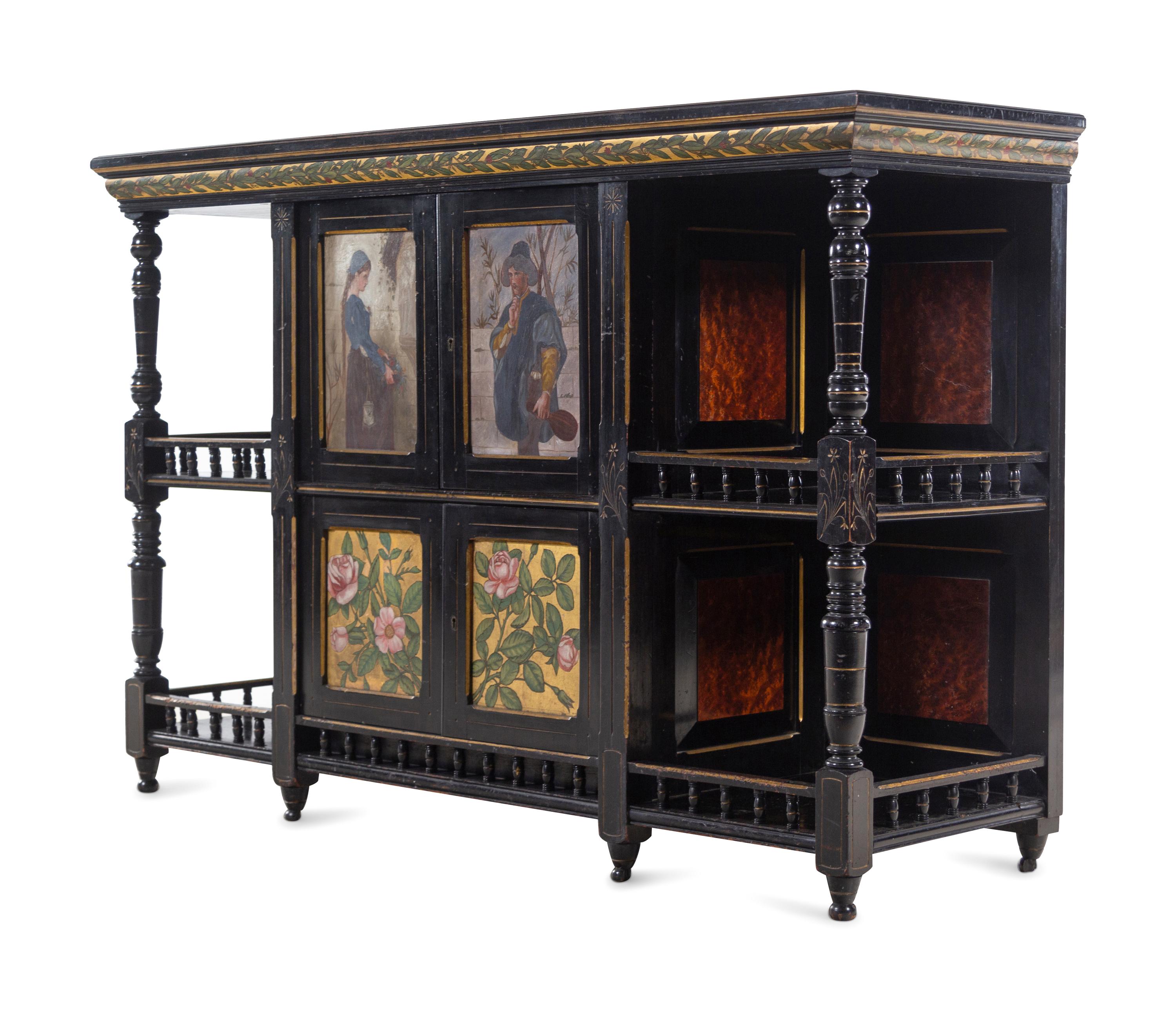 An English Aesthetic Movement Ebonized and Hand-Painted Cabinet