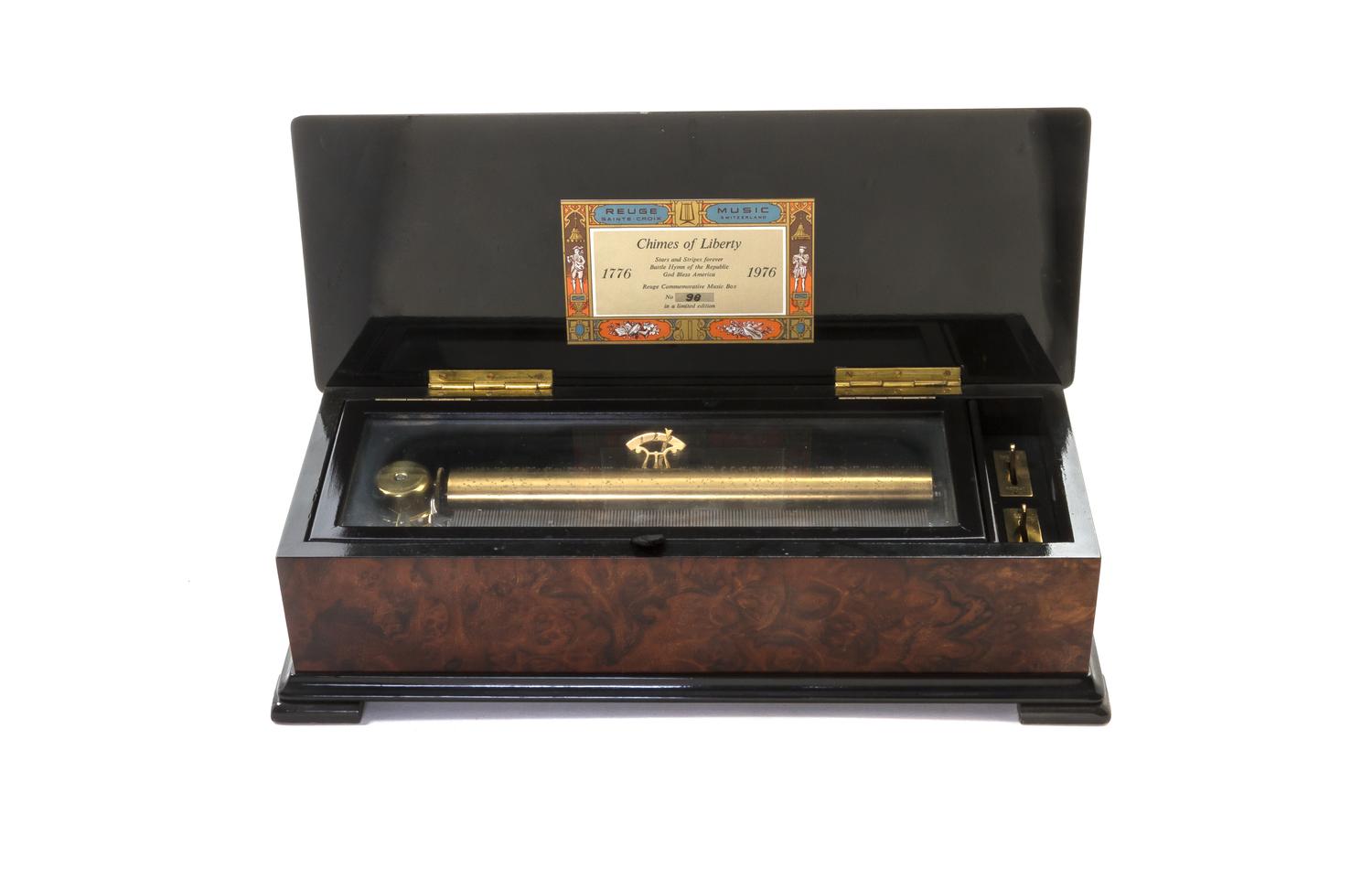 A Swiss Marquetry Cylinder Music Box, REUGE, Height 4 1/8 x width 14 3/8 x depth 5 1/2 inches. — REUGE,