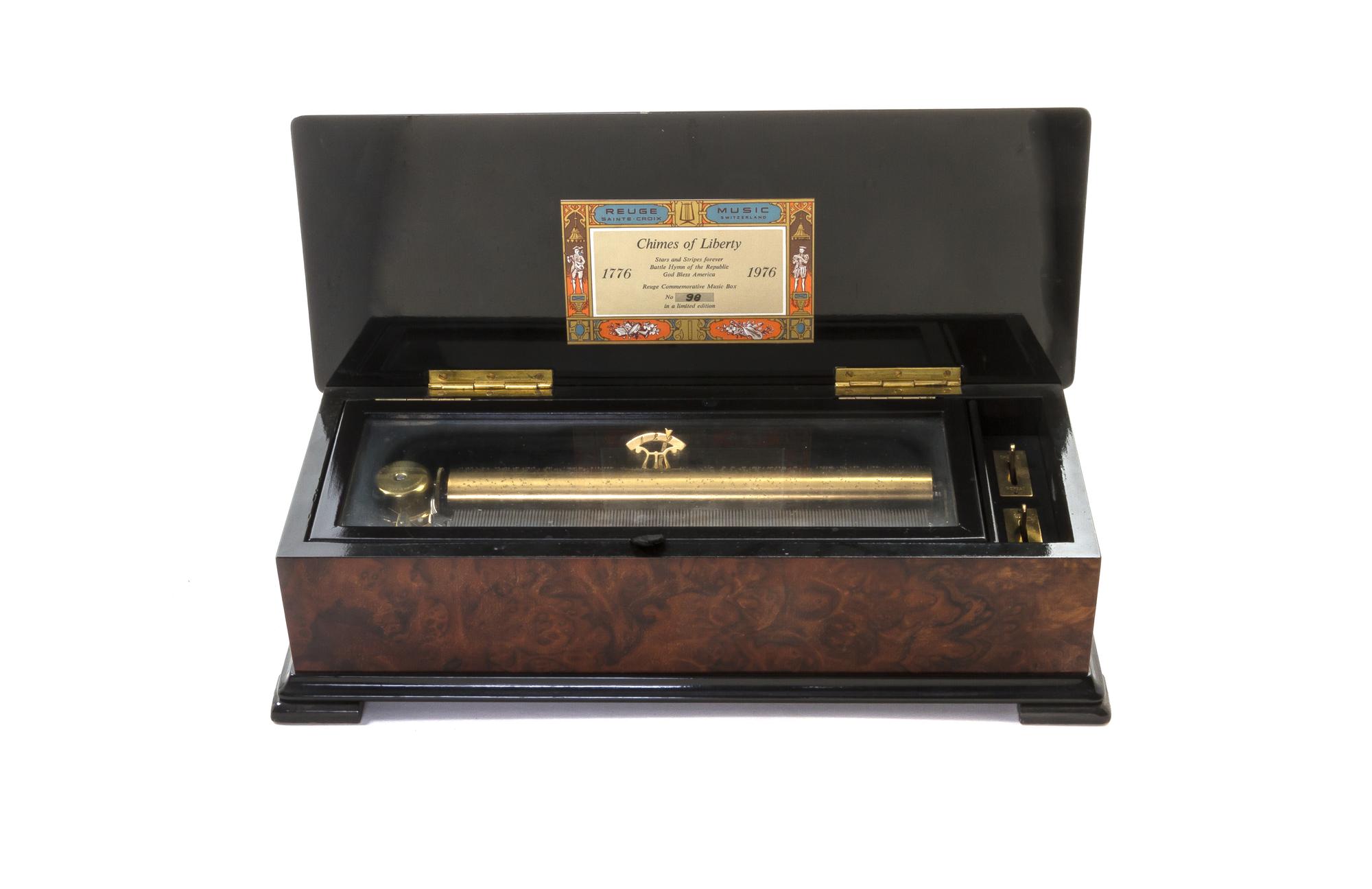 A Swiss Marquetry Cylinder Music Box, REUGE, Height 4 1/8 x width 14 3/8 x depth 5 1/2 inches. — REUGE,