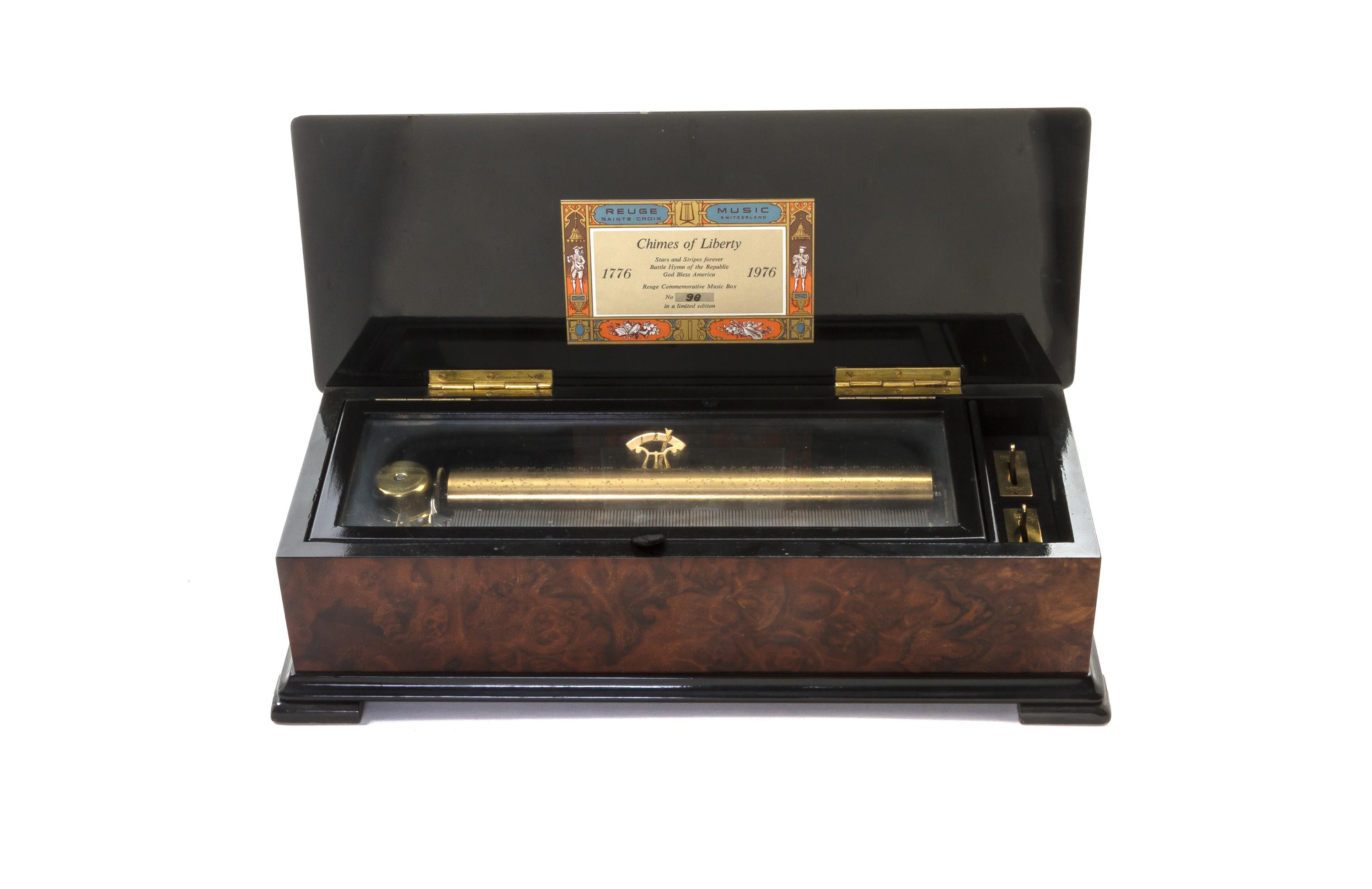 A Swiss Marquetry Cylinder Music Box, REUGE, Height 4 1/8 x width 14 3/8 x depth 5 1/2 inches. — REUGE,