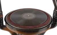 A Fairy Phonograph Patinated Metal Lamp with a Slag Glass Shade