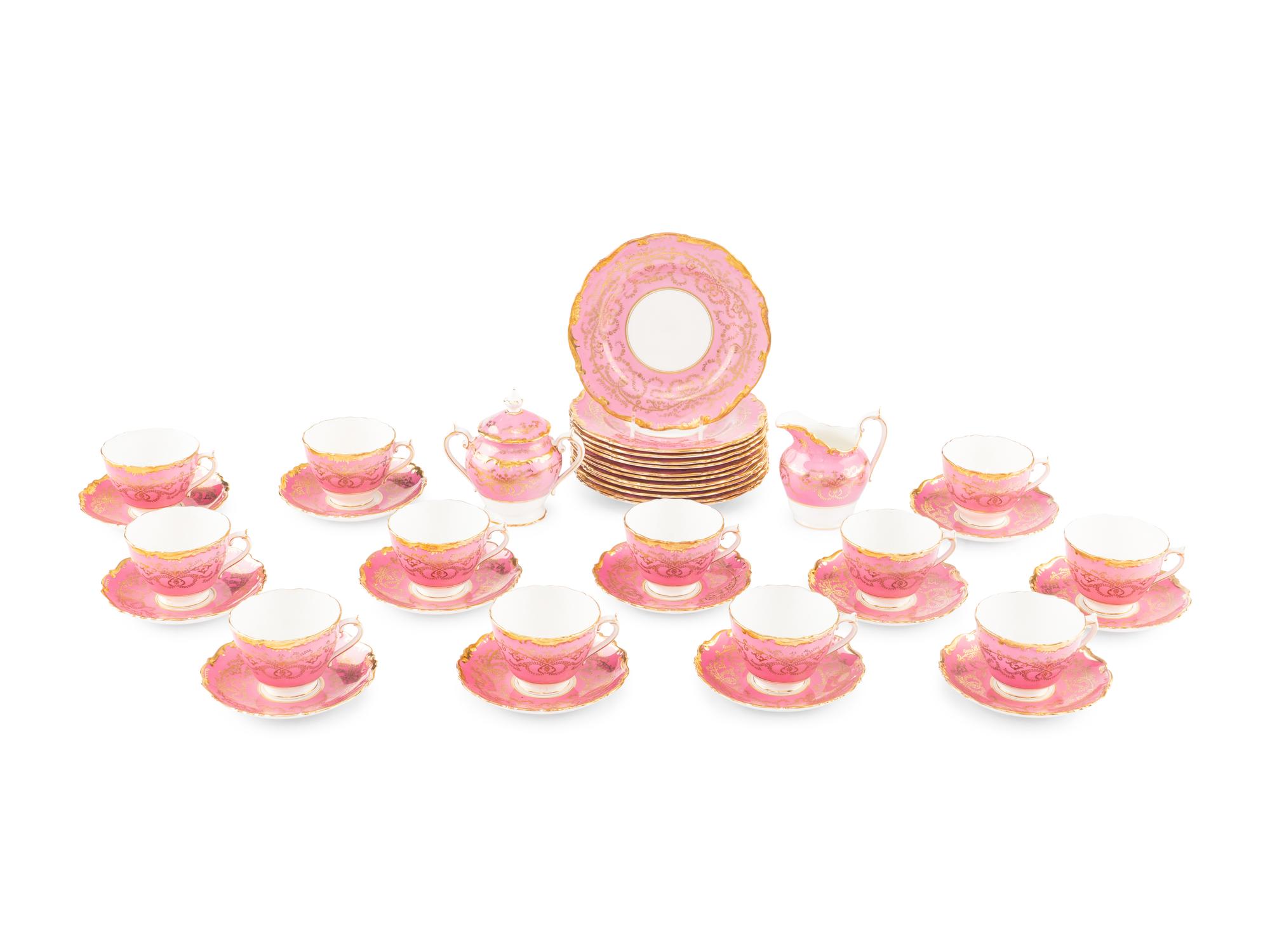A Coalport Anniversary Pink Porcelain Tea Service