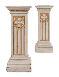 A Pair of French Gothic Revival Painted and Parcel Gilt Pedestals
