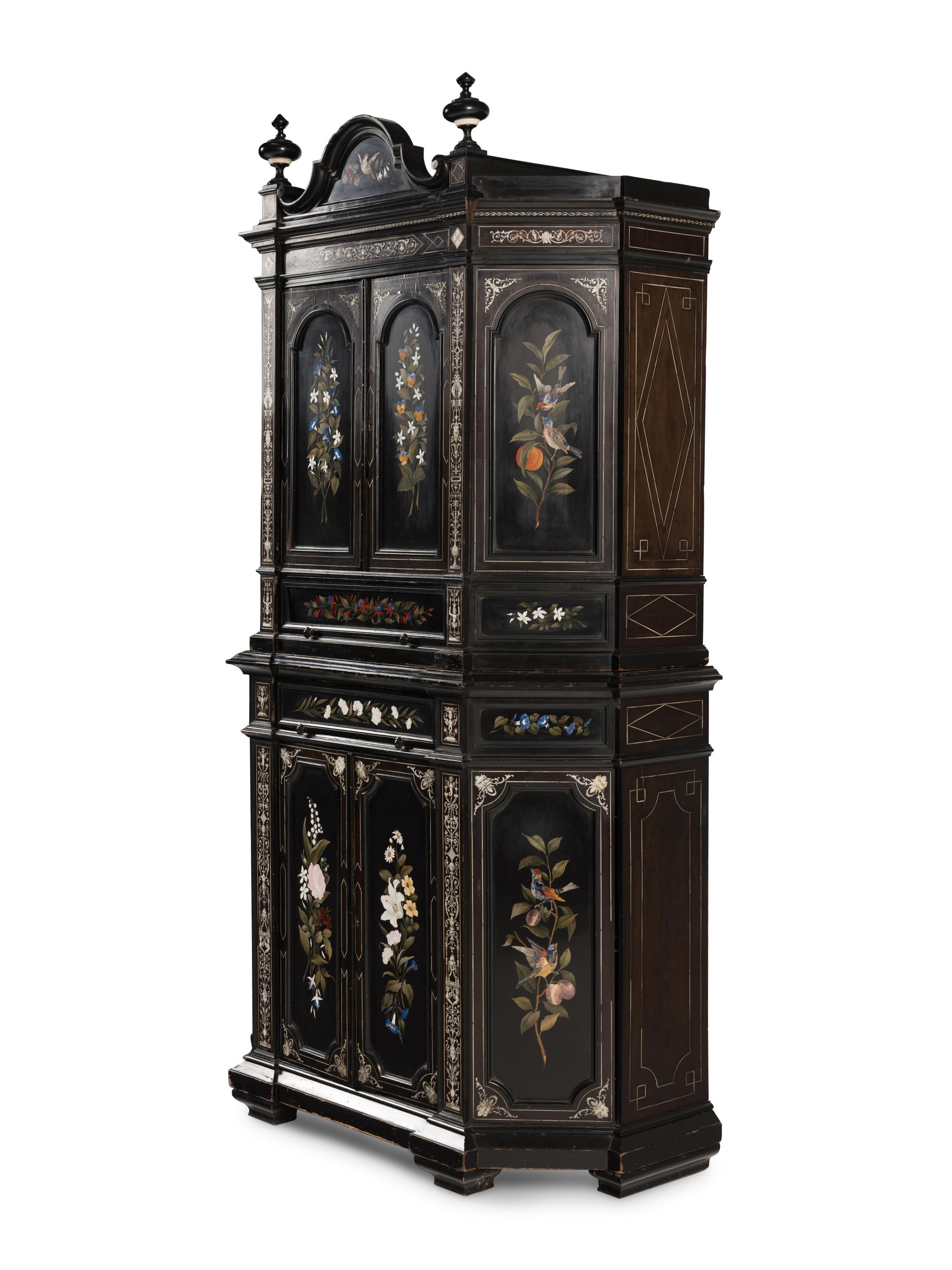An Italian Marquetry and Pietra Dura Plaque Mounted Ebonized Cabinet