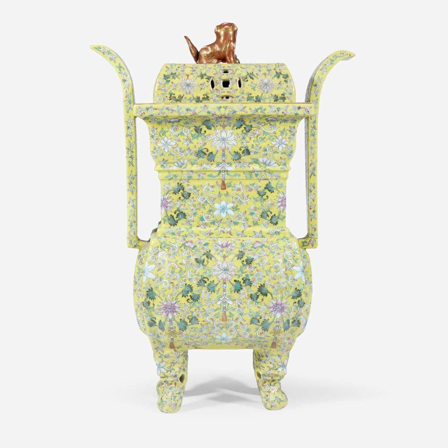 A Chinese yellow-ground enameled porcelain censer and cover 珐琅彩黄地带盖瓷香炉 Apocryphal Qianlong marks ???