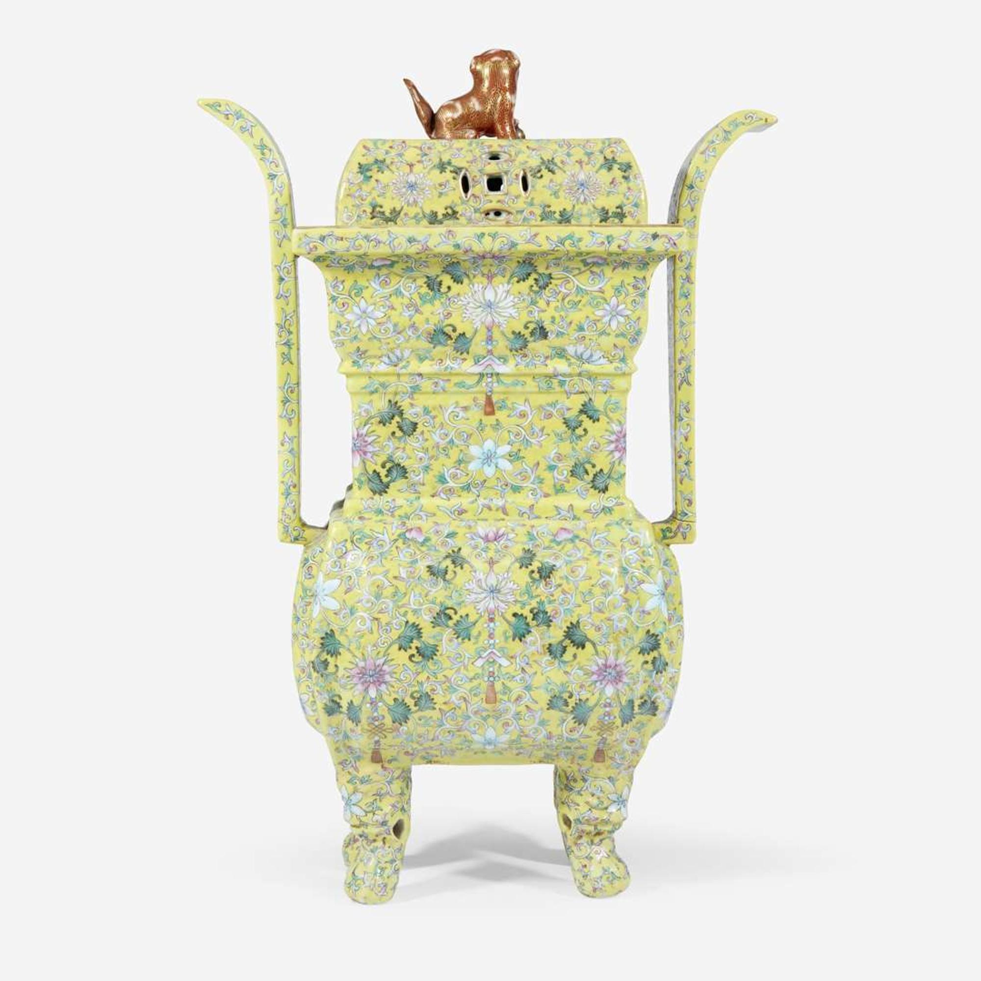 A Chinese yellow-ground enameled porcelain censer and cover 珐琅彩黄地带盖瓷香炉 Apocryphal Qianlong marks ???