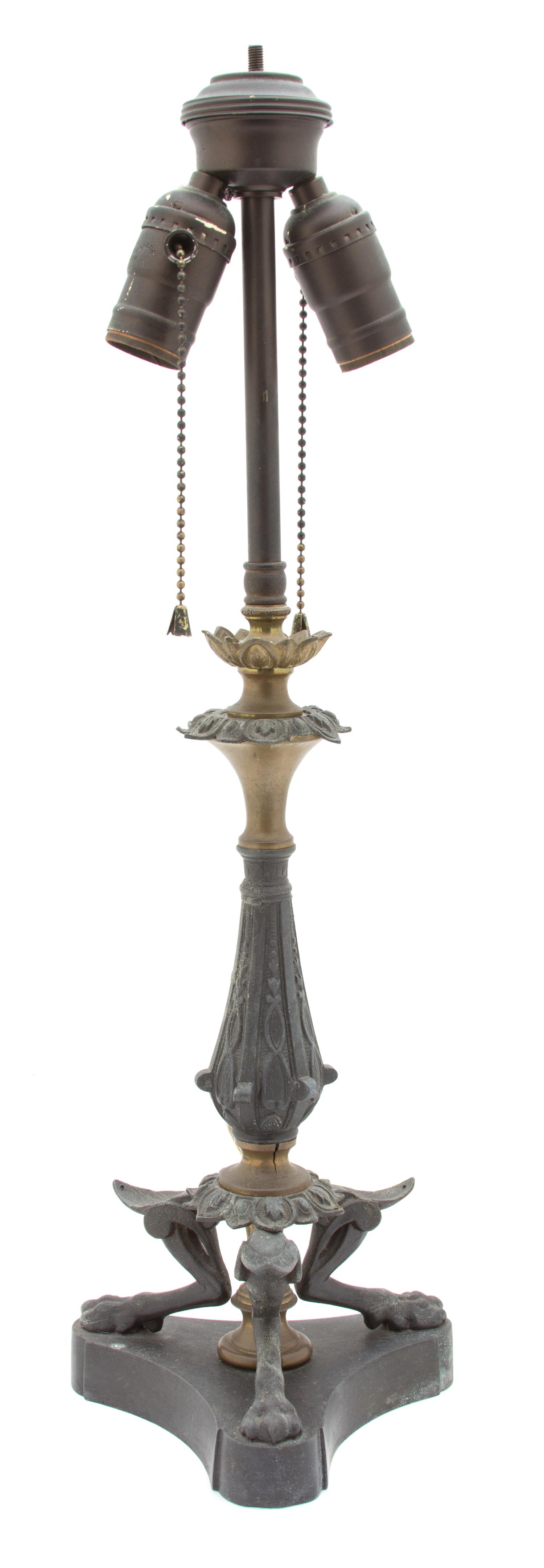 A Neoclassical Style Patinated Metal Two-Light Table Lamp Height 20 inches.