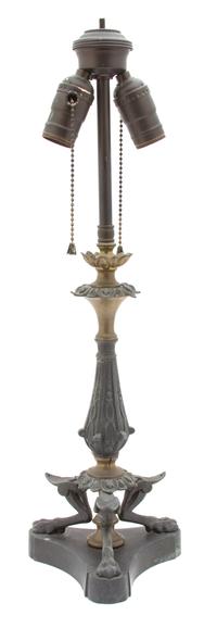 A Neoclassical Style Patinated Metal Two-Light Table Lamp Height 20 inches.