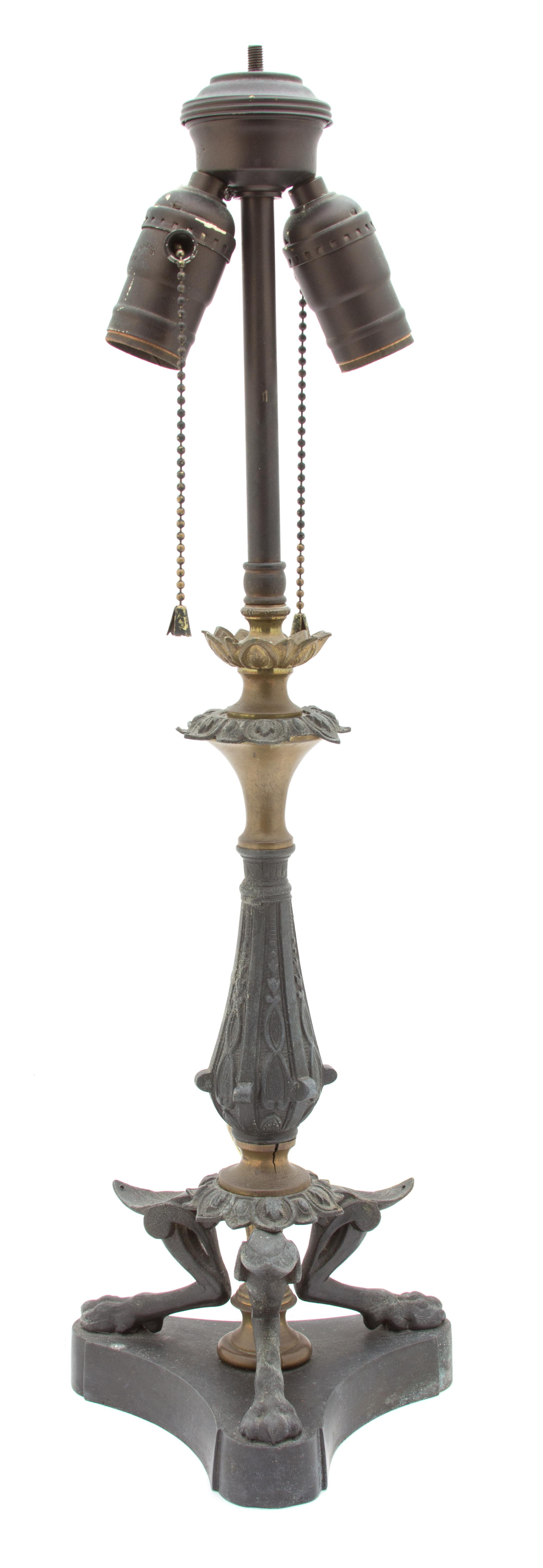 A Neoclassical Style Patinated Metal Two-Light Table Lamp Height 20 inches.