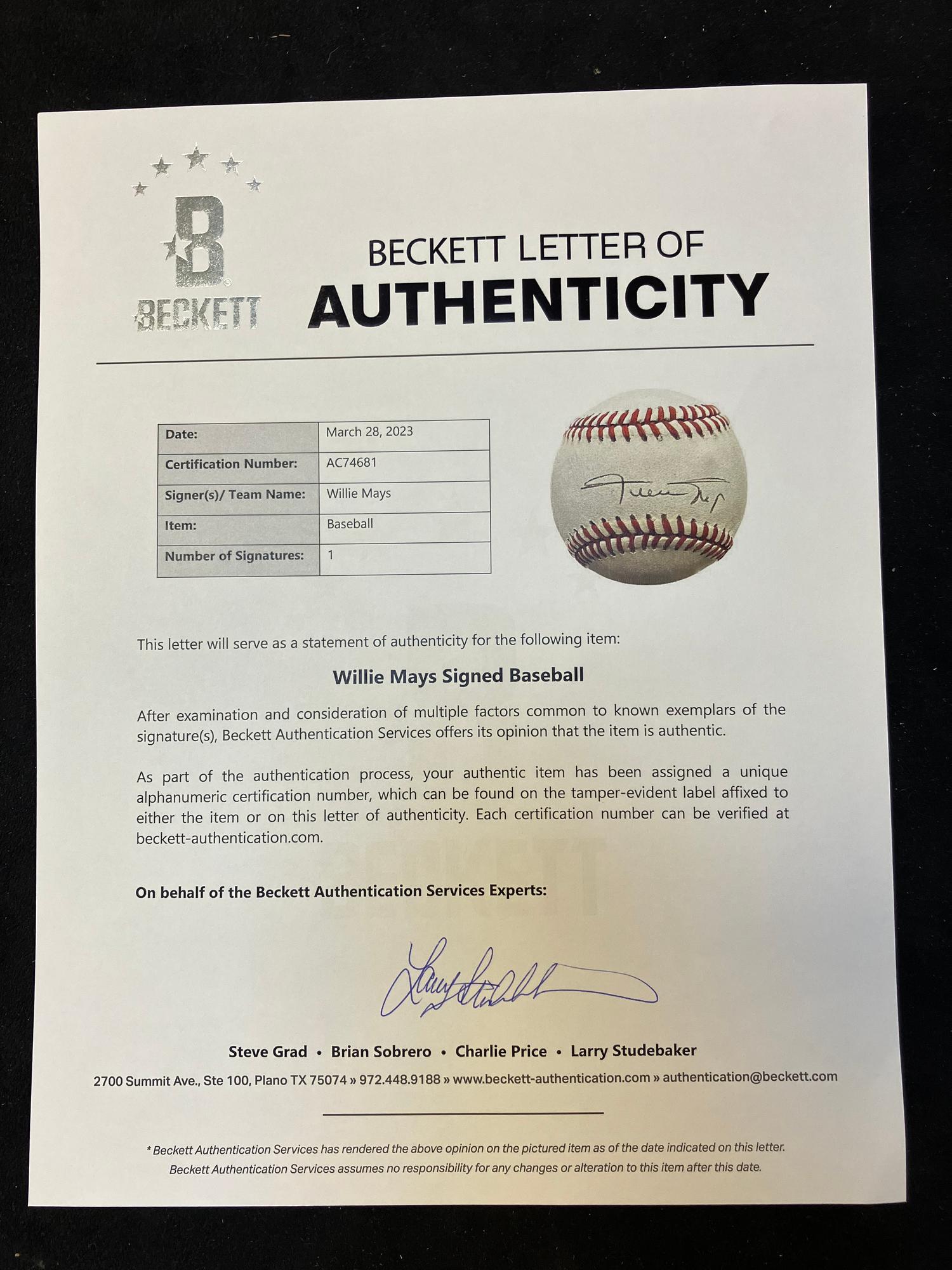 A Willie Mays Single Signed Autograph Baseball (Beckett Authentication Services Letter)